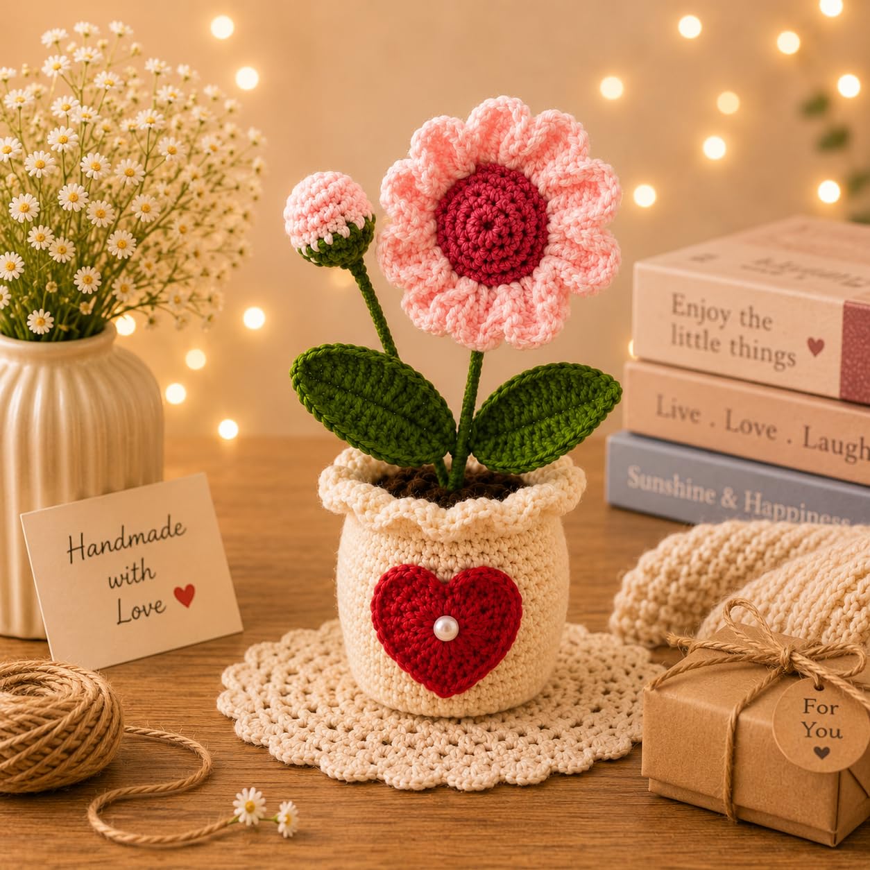 Handmade Crochet Flower Pot Set with Daisy, Sunflower & Rose | Artificial Knitted Plant for Home Decor | Cute Desk & Office Table Decoration | Aesthetic Birthday (Pink Sunflower Pot)-image-39
