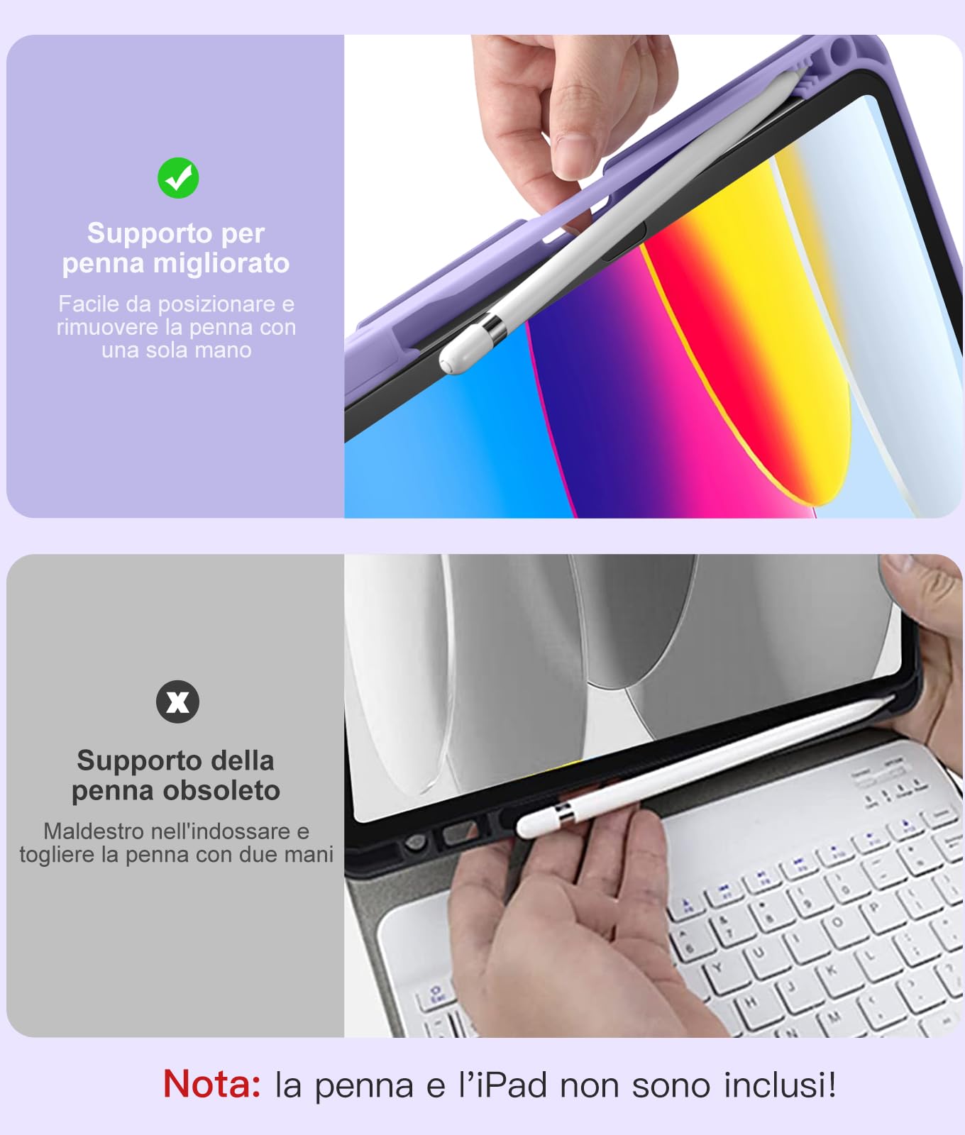 Vobafe Cover iPad A16 11 10 Generazione con Tastiera (11/10.9 Pollici, 2025/2022), Italiano QWERTY con 7 Colori Illuminato, Senza Fili Staccabile Custodia Tastiera con Portapenna, Lavanda