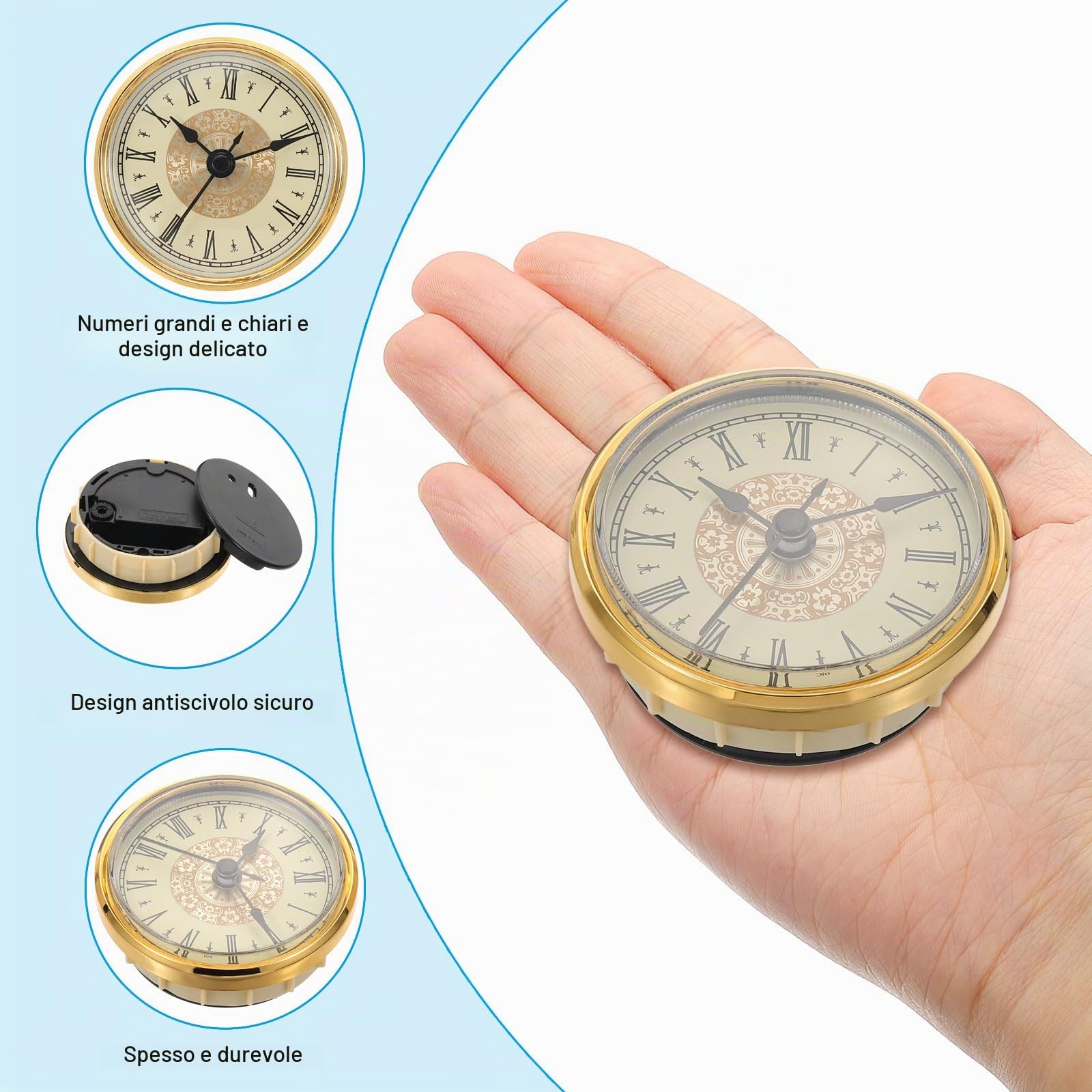 PATIKIL 70mm Inserto per Orologio al Quarzo, 2 Pezzi Orologio Miniatura con Movimento al Quarzo Rotondo Numeri Romani Adatto 61mm/2,4 Dia Foro per Sostituzione, Tono Oro, Stile 6