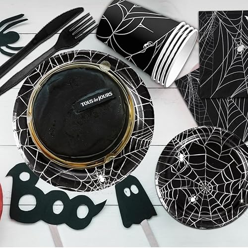 Miniatura 4 de Decoración de fiesta de Halloween, juegos de vajilla de telaraña negra, platos desechables de Halloween, vasos, servilletas para suministros de