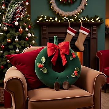 Cartoon Christmas Shape Pillows Xmas Wreath Shaped Throw Pillow Soft Stuffed Christmas Pillow with Cute Smiley Decor Pillows for Bedding Room Christmas Party Decoration,15.7"
