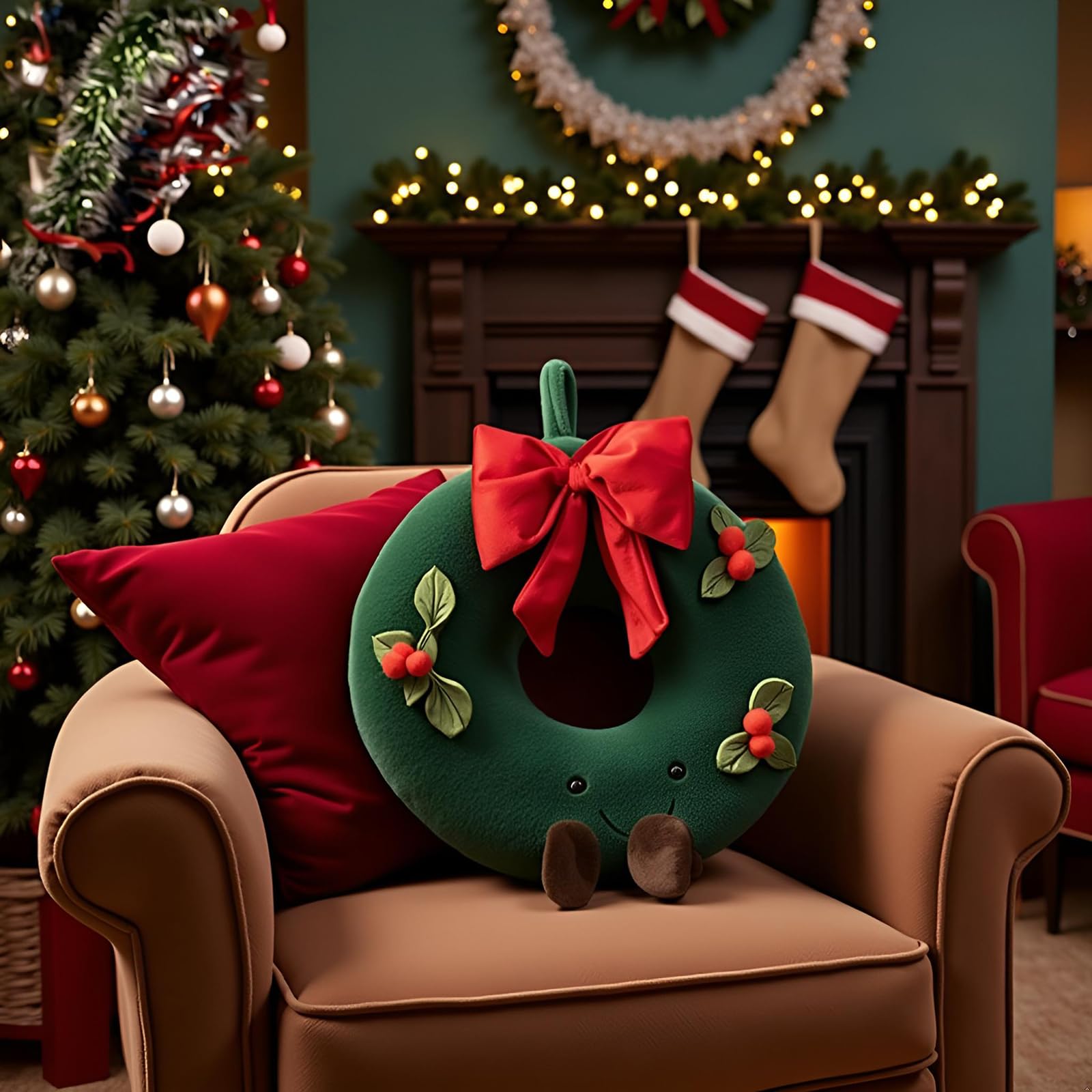 Cartoon Christmas Shape Pillows Xmas Wreath Shaped Throw Pillow Soft Stuffed Christmas Pillow with Cute Smiley Decor Pillows for Bedding Room Christmas Party Decoration,15.7"