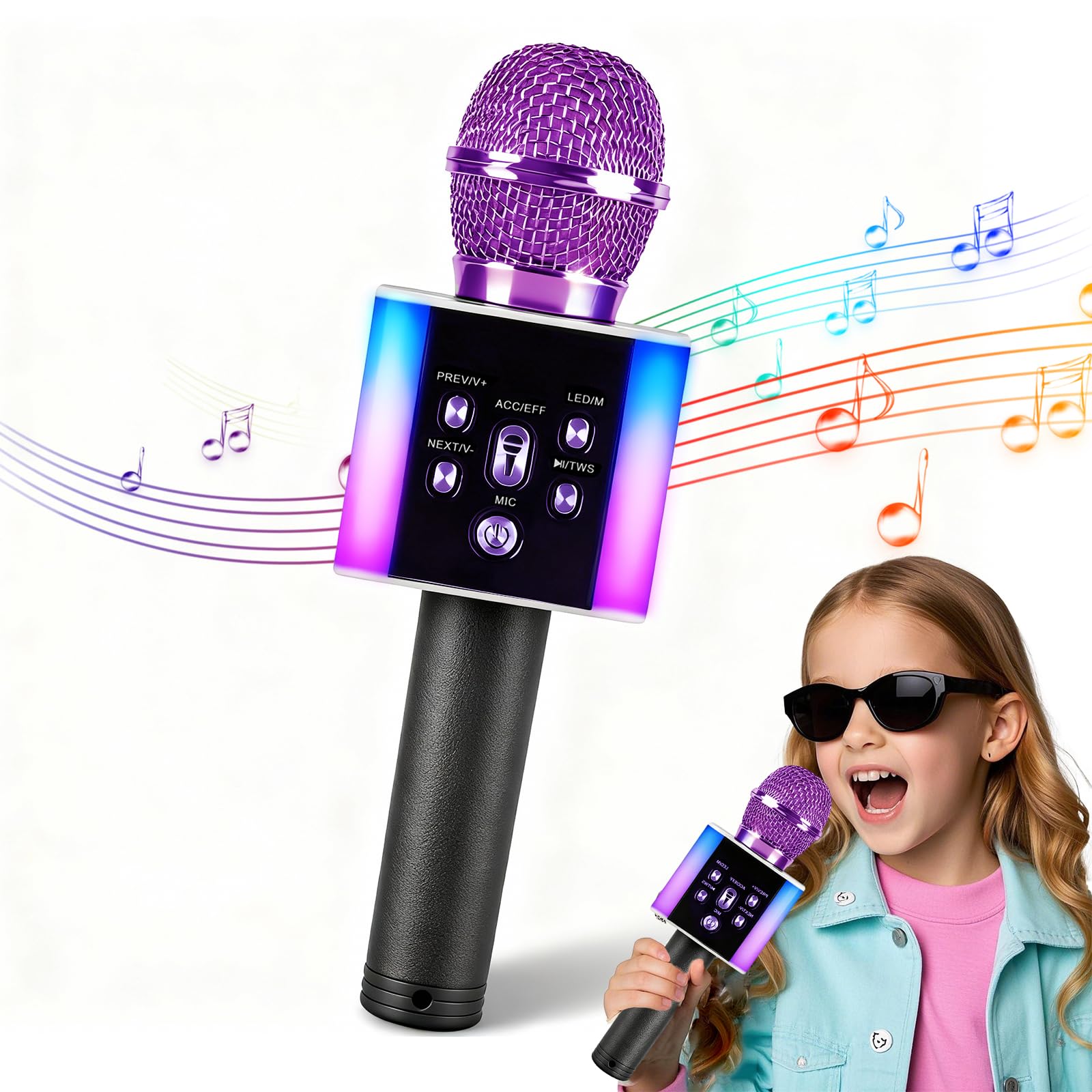 Huedbeads Wireless Bluetooth Microphone with 7-Color LED Lights - 2-in-1 Karaoke Mic & Bluetooth Speaker,Karaoke Gift for Kids/Adults (purple)