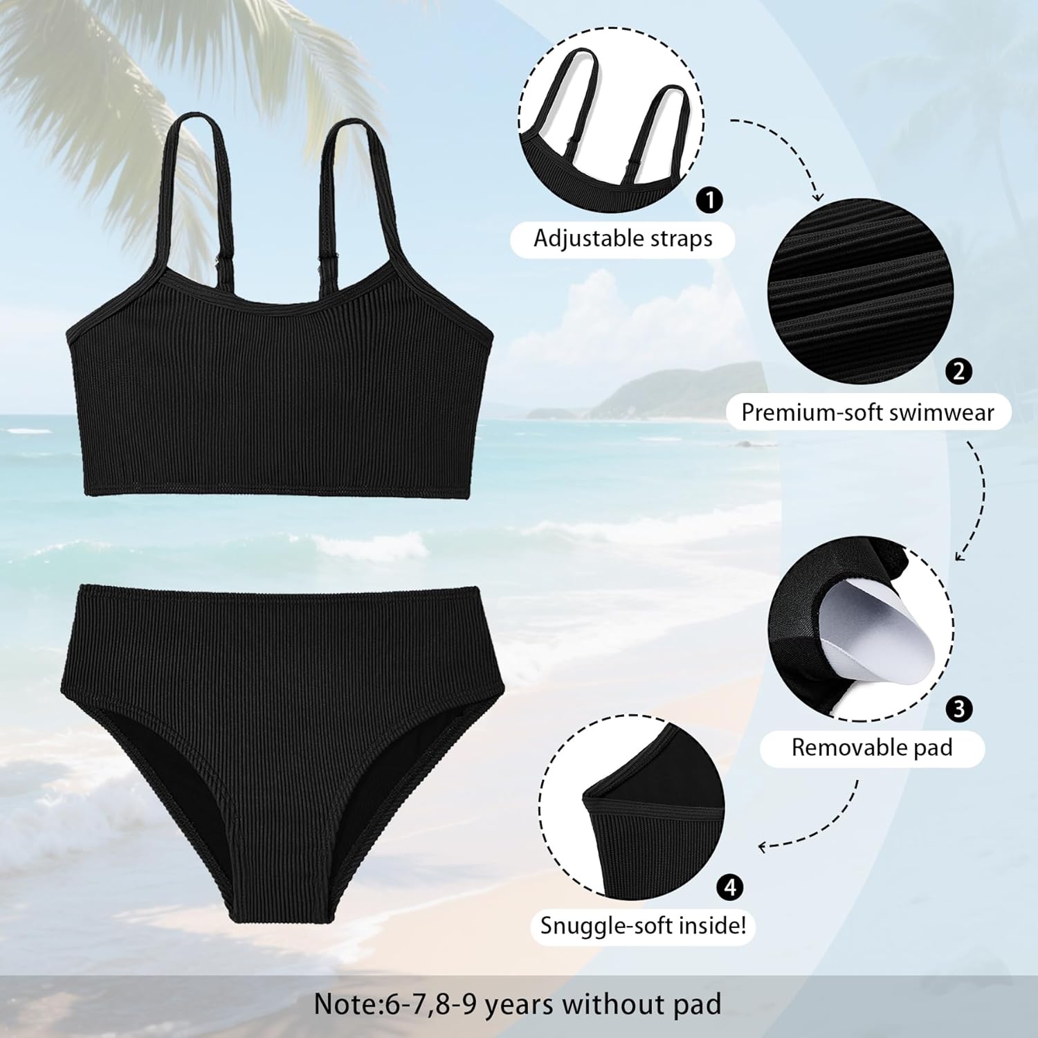 Zando 2 Piece Ribbed Swimsuits for Teen Girls Kids Size 6-15 Years High Waisted Solid Cute Bikini for Summer Beach Wear - Image 7