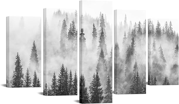 KREATIVE ARTS Black and White 5-Piece Foggy Forest Canvas Wall Art - Misty Mountain Pine Tree Landscape, Winter Nature Prints for Living Room, Bedroom, Office Decor Large 60x32