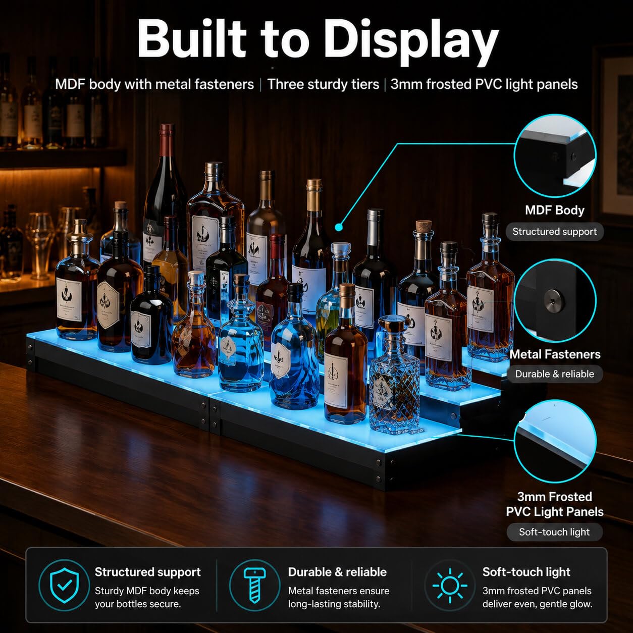 Étagère à 3 niveaux pour bouteilles de liqueur à LED 81,3 cm