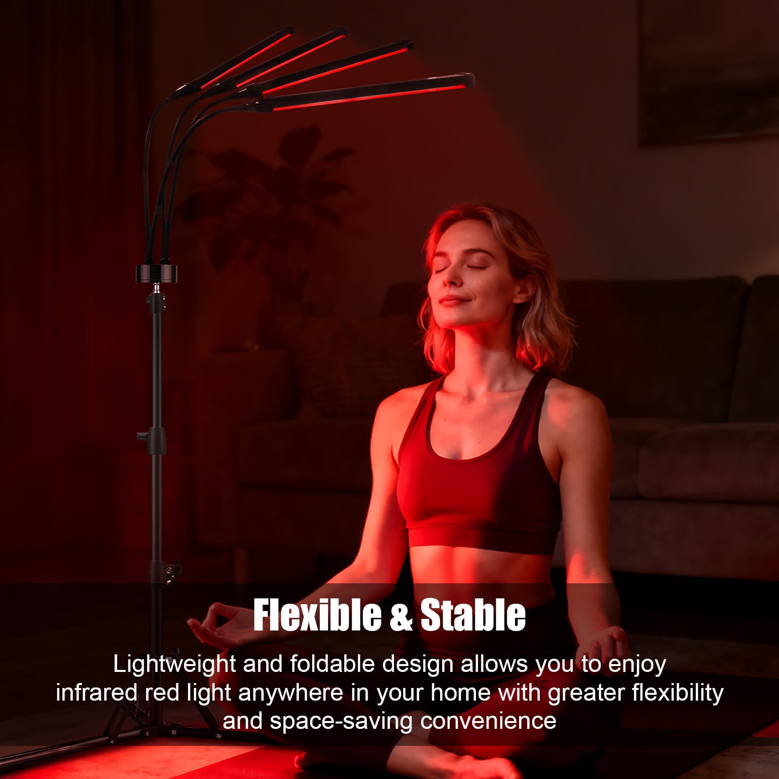Rotlichtlampe Stehlampe mit 4 Flexiblen Köpfen, Trayvespace Infrarotlampe mit 660/850/940nm, Verstellbare Rotlichtlampe mit Timer & 5 Helligkeiten, Große Rotlicht Standlampe für Zuhause, Büro, Yoga