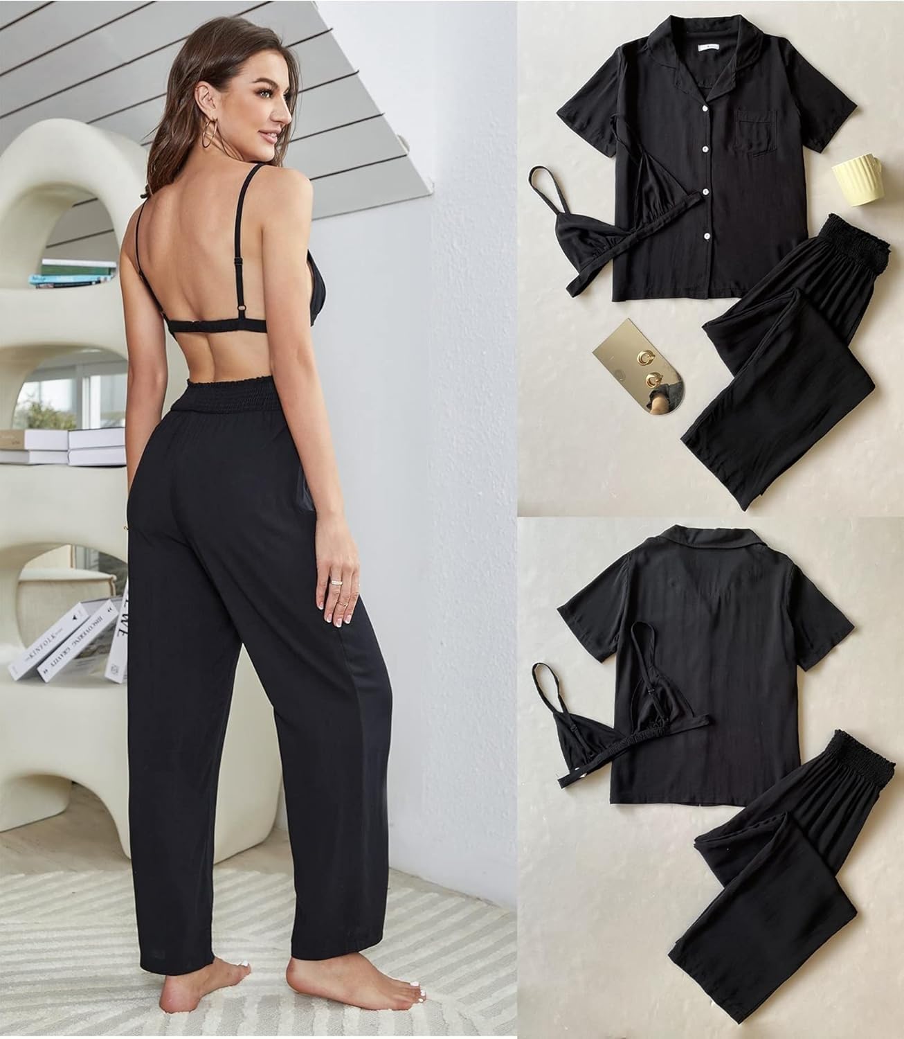 Conjunto genérico de pijama de 3 piezas para mujeres ropa de dormir abotonada ropa de dormir suave pijamas conjuntos de salón con sujetador sexy