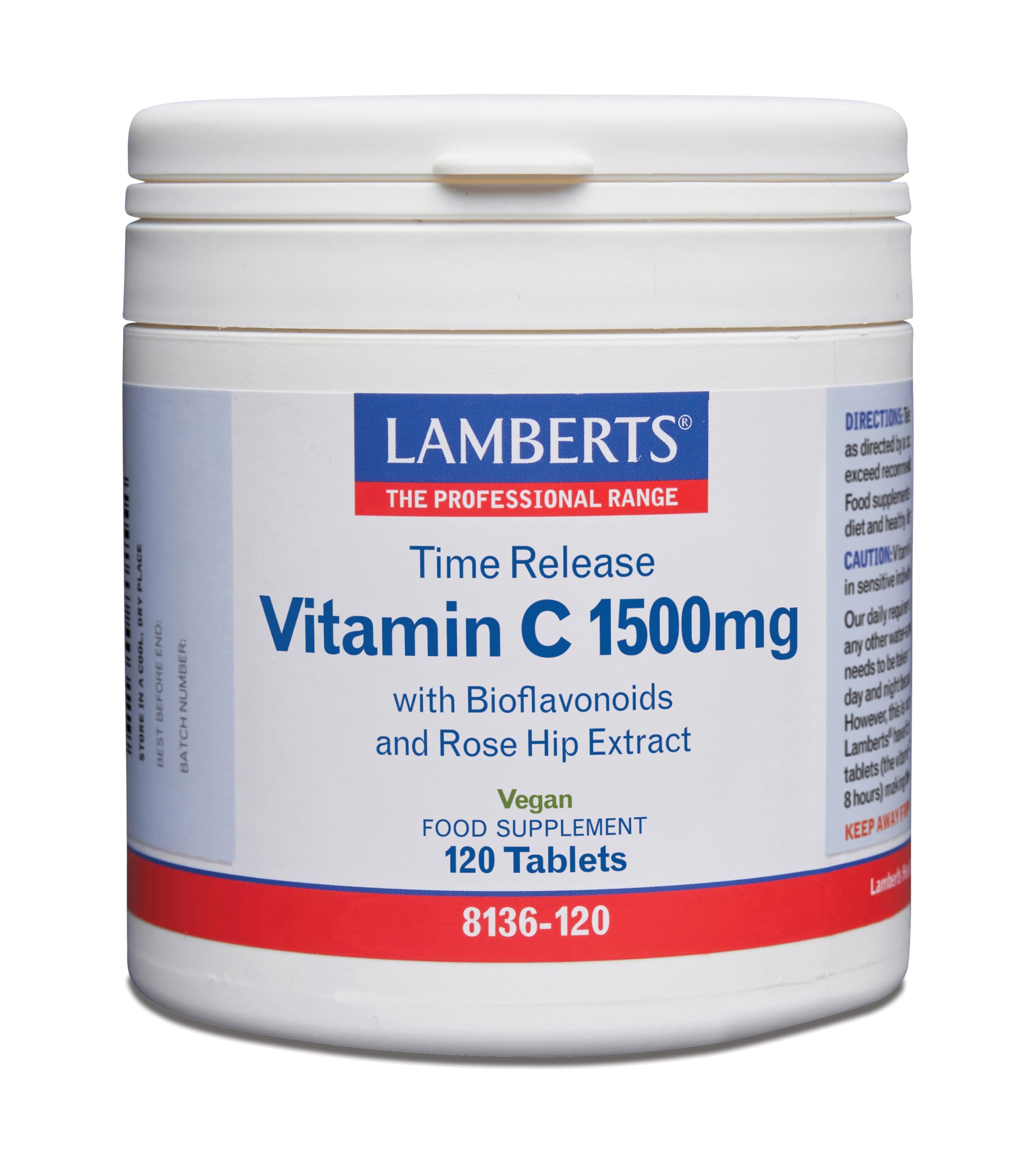 Lamberts Vitamina C 1500 mg | Liberación Sostenida | 120 Tabletas | Una al Día | Con Bioflavonoides y Escaramujo | Calidad Farmacéutica GMP