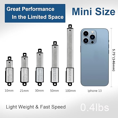 Miniatura 2 de Mini actuador lineal eléctrico con carrera de 1, 2, 3, 4, 5 y 6 pulgadas. 4.5 libras de fuerza 12V. Alta Velocidad 0.6 pulgadas por segundo, peso