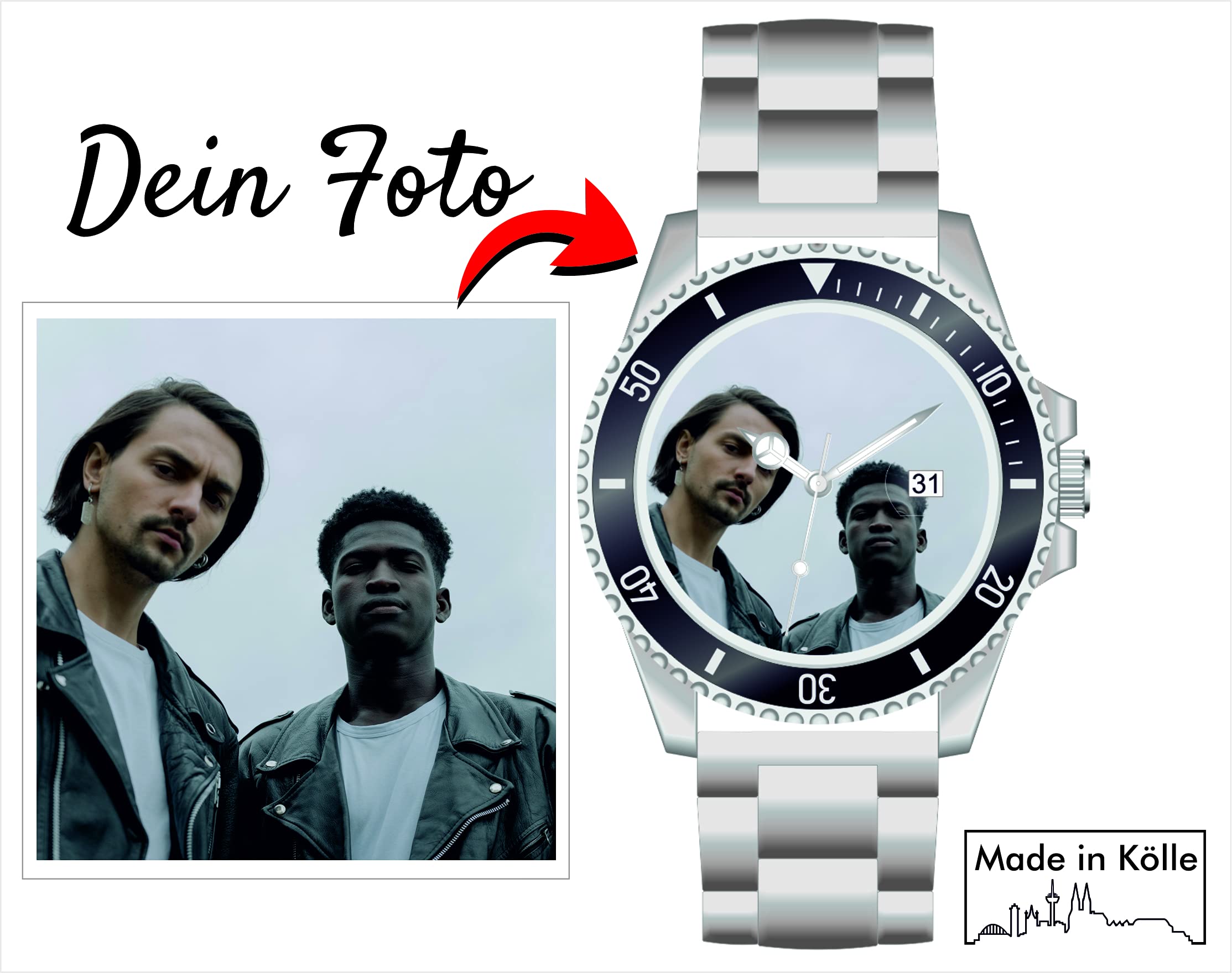 memories Reloj con foto, diámetro de 40 mm, correa de acero inoxidable, 3 bares, indicador de fecha, fabricado en Alemania