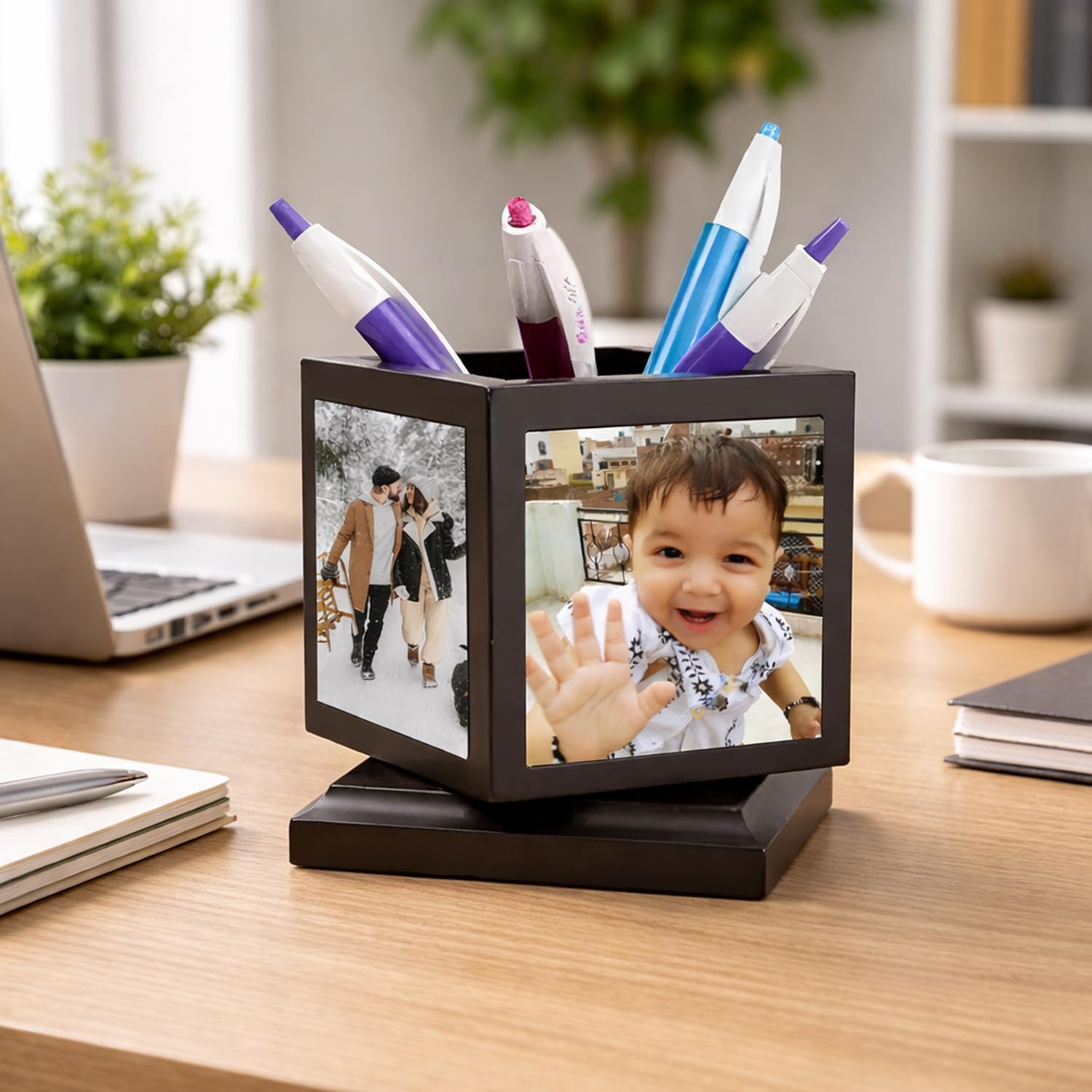 Personalized Rotating Photo Pen Stand, Customized Office Desk Organizer with Photo Frame, 360° Rotating Pen Holder for Office, Birthday, Anniversary, Corporate Use