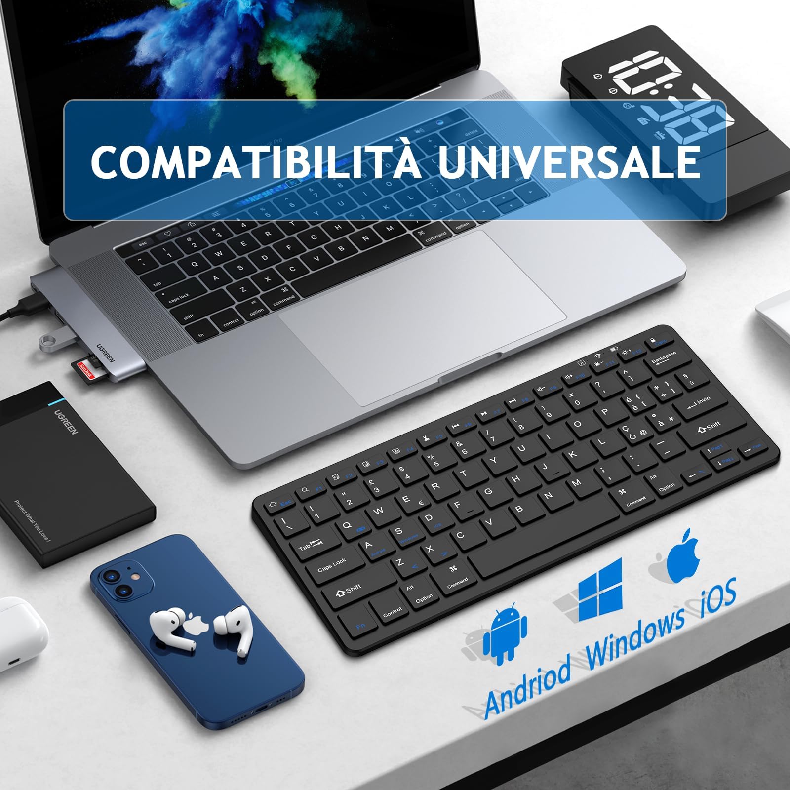 KARFUN Tastiera Bluetooth per iPad 10th/9th/8th/7th Gen,10.2'/9.7',iPad Pro 11'/12.9', iPad Air/iPad Mini,Tastiera Wireless per Tablet iOS/Android/Windows