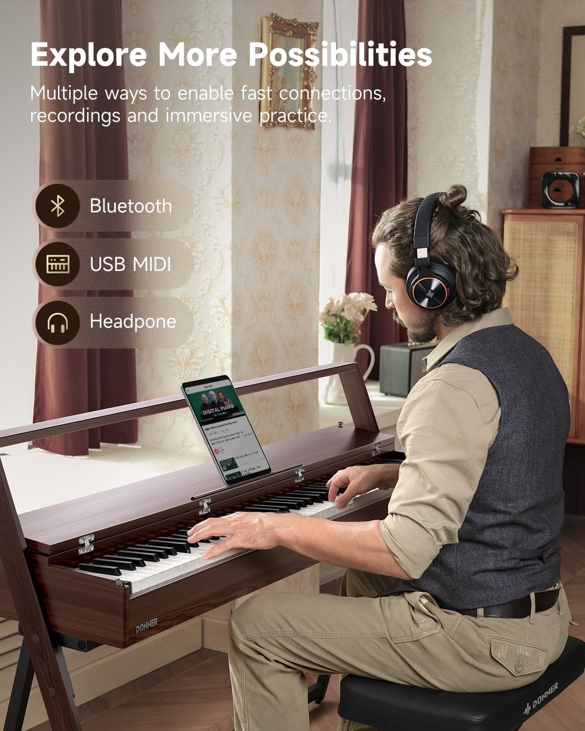 Donner OURA R300 88 Key Weighted Keyboard Piano for Advanced, Home Digital Piano with 88 Keys Graded Hammer Standard Keyborad, Bluetooth, LOCAL OFF, 2*15W, Half-pedal, 256 Polyphony, Walnut Wood Color