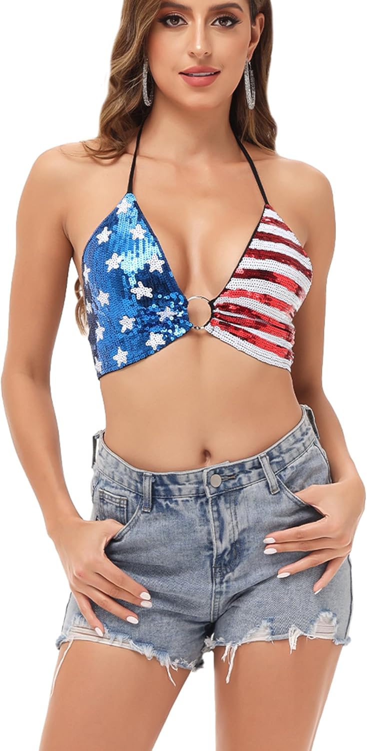 Anna-Kaci American Flag Sequin Shirt Women 4th of July Patriotic Shirt Stars Stripes Top Tees - Image 3