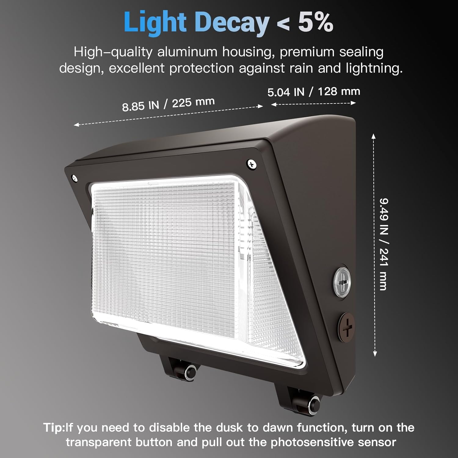 JTT LED Wall Pack Lights Outdoor with Dusk to Dawn Photocell, Selectable 75W/60W/45W, 9750LM/7800LM/5850LM, 6000K/5000K/4000K,Waterproof Flood Security Wall Pack Lighting for Garage Yard Parking Lot