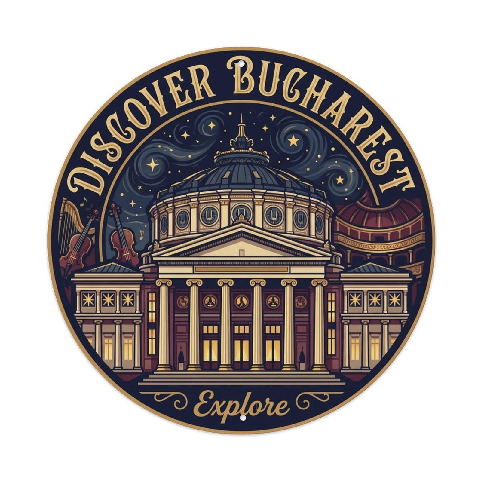 Okahys 8X8inch(20X20cm) Vintage Travel Bucharest Athenaeum Explore Metal Tin Sign