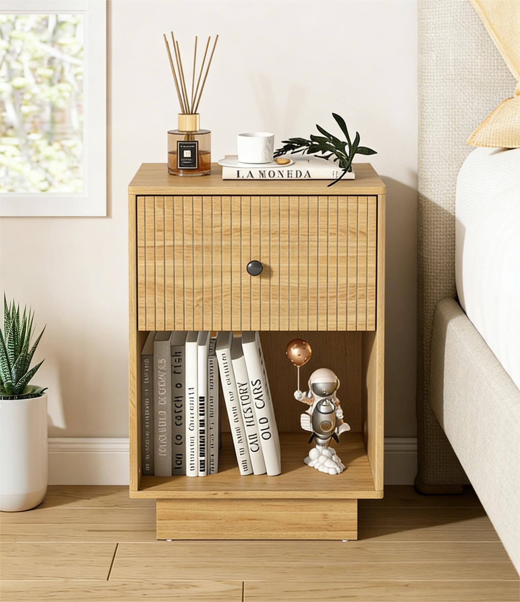 Manora 15.7" Solid Oak Bedside Tables with Drawers, Wooden Nightstand with Storage,Modern Wood Side Table for Bedroom, Living Room or Small Spaces（15.7" × 11.8" × 23.6"）