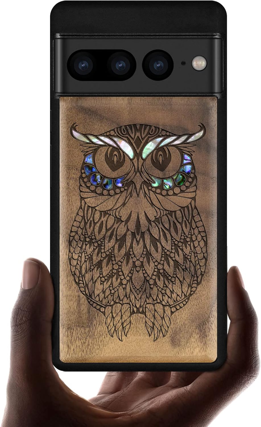 Carveit Designer Wooden Case for Google Pixel 7 Pro Case [Wood Engraving & Shell Inlay] Unique Wood Cover Compatible with Wireless Chargers Pixel 7 Pro (Owl-Rosy)