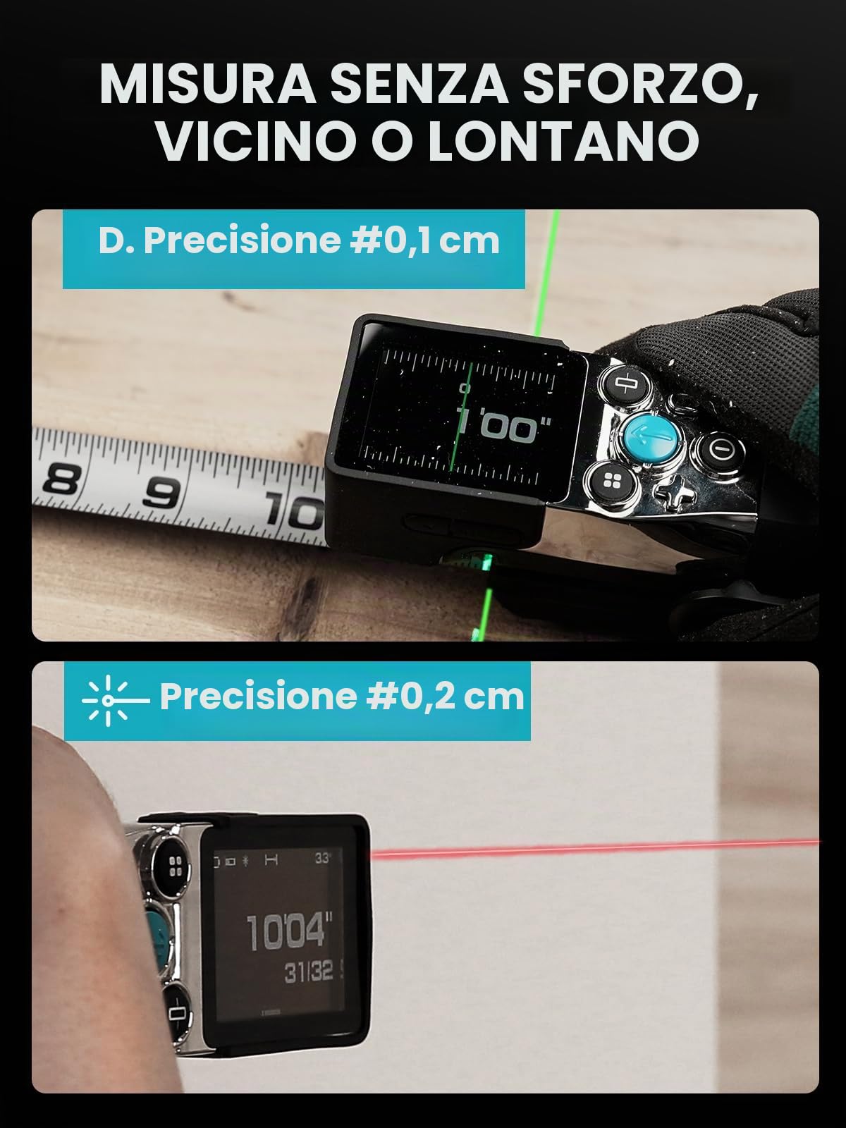 MiLESEEY XTape1 Misuratore laser con Metro Digitale, 100m + 3.6m | Laser Verde di Allineamento, Display Digitale in Tempo Reale, Misura Pitagora, Distanza, Area e Volume, Sync APP