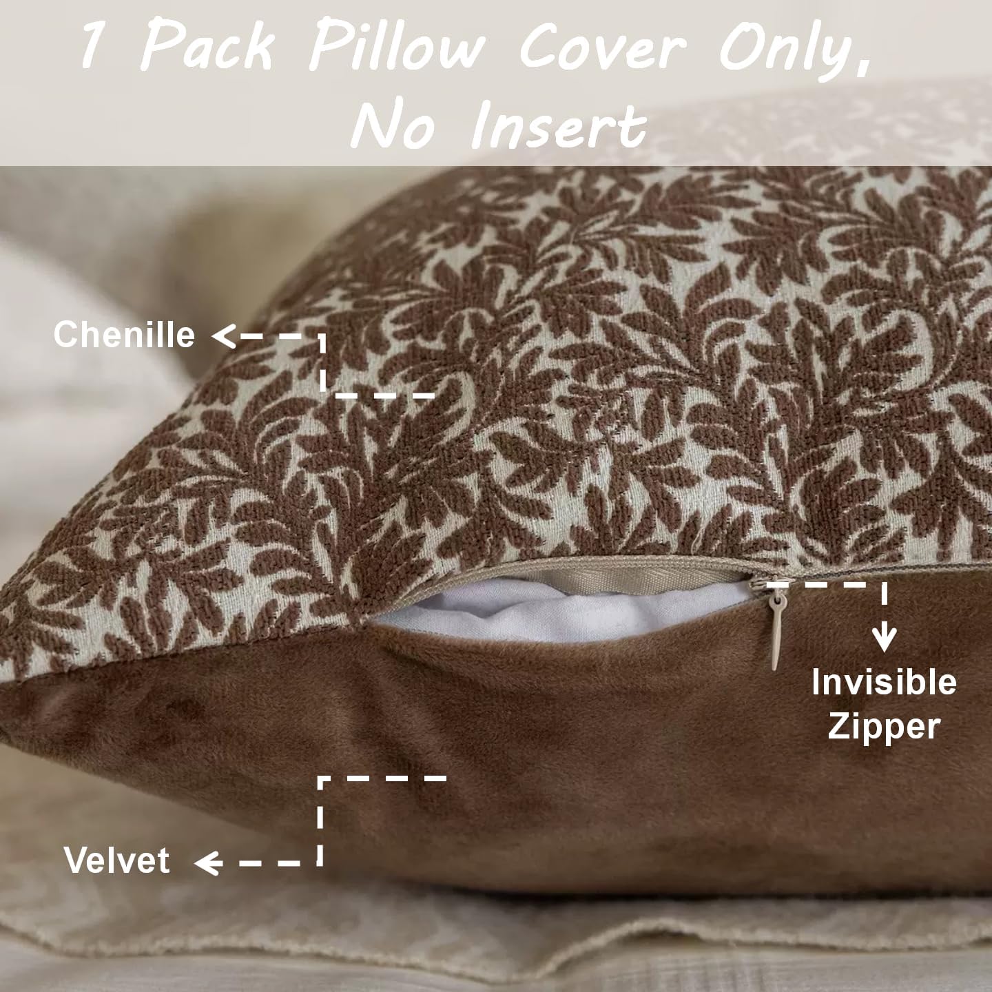 Chenille Long Lumbar Throw Pillow Cover 14x36 Inch, Jacquard Weave Cushion Cover, Farmhouse Rectangle Decorative Pillowcases for Bed Sofa Farmhouse Livingroom, 1 Pack (Brown)