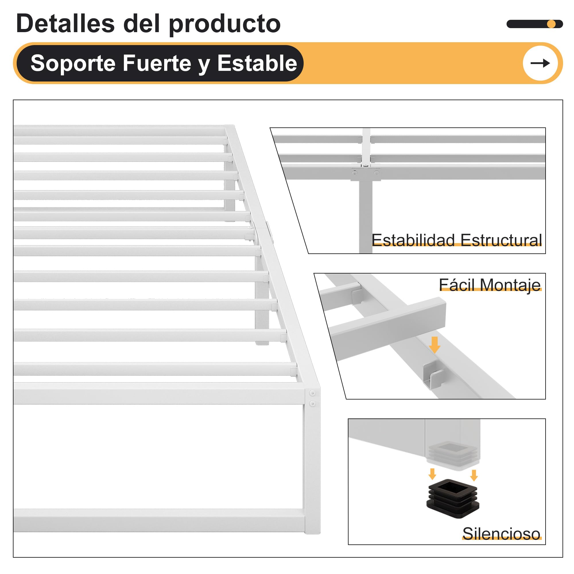 Cama Individual de Metal 80x190 cm, Estructura con Soporte de Listones de Acero, 30 cm de Altura, Blanco
