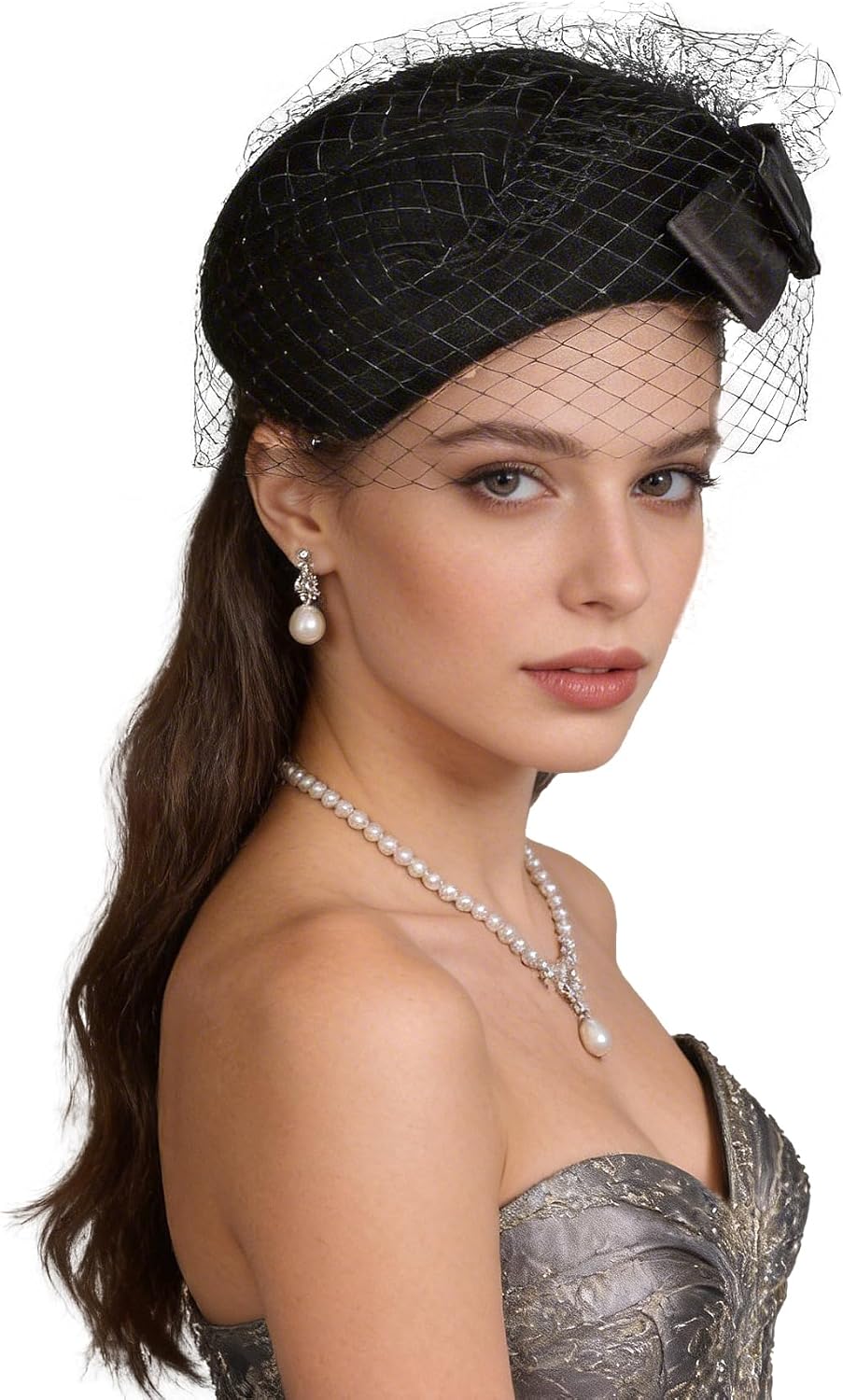 FADVES Vintage Wool Pillbox Hat with Veil for Women – Elegant Wedding Church Cocktail Fascinator 1950s Style