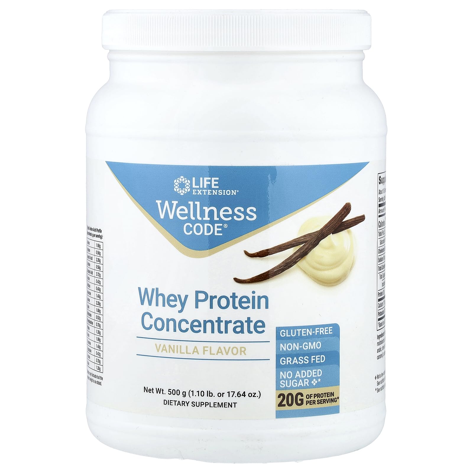 Life Extension Wellness Code Whey Protein Concentrate 20g Muscle Growth & Immune Health - Sourced From Grass-Fed, Free-Range, Hormone-Free Cows, Non-GMO, No Added Sugar, Vanilla- 500g