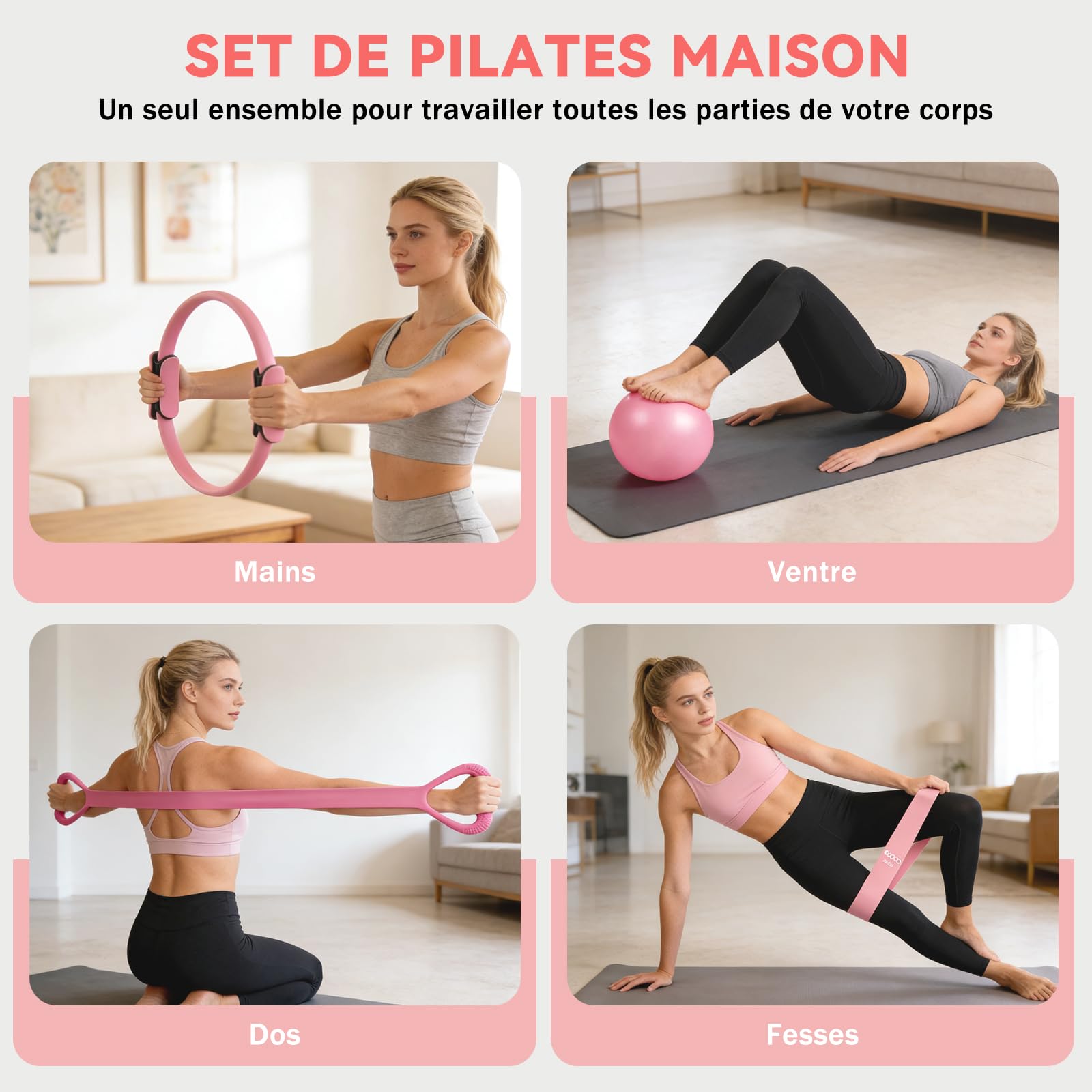Kit Pilates Maison 13 Pièces Accessoires Fitness Femmes Anneau Balle Sangle Yoga Affiche Entraînement Sac Portable Rose