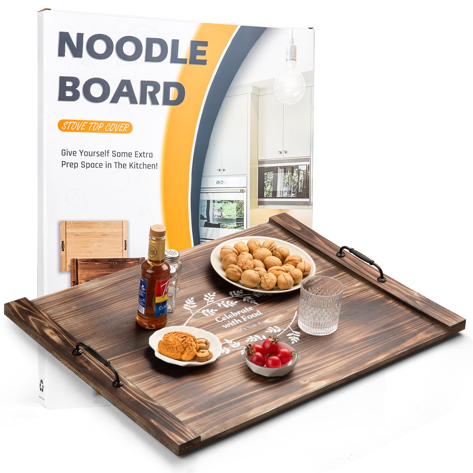 Noodle Board Stove Top Cover with Handles, 30 * 22 Inches Wood Counter Space Top Covers for Electric Stove Gas Stove Top, Farmhouse Rustic Decorative Stove Top Protector Tray Sink Cover for Kitchen