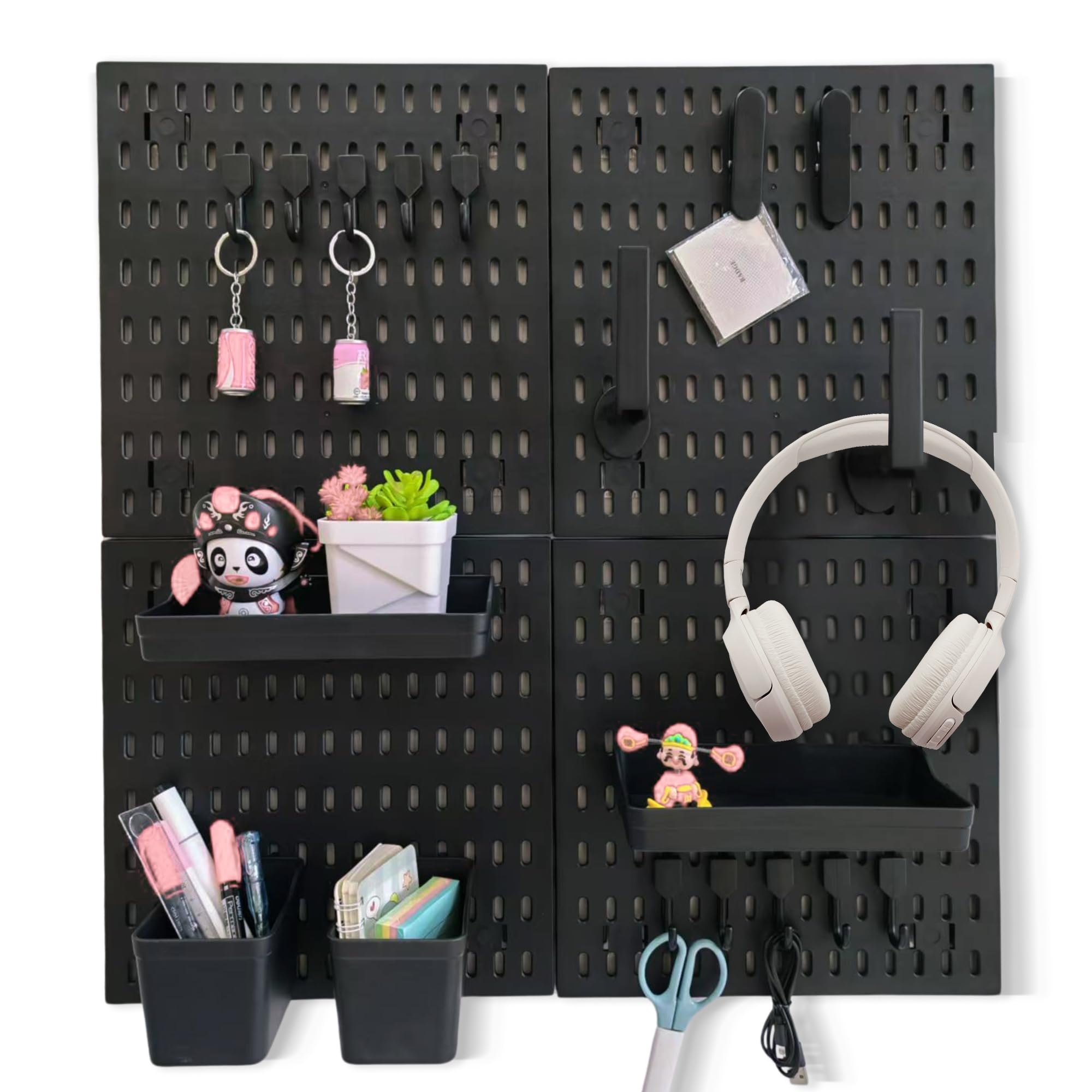 ANTHOSPACE Black Pegboard Organizer Set with Hooks & Storage Boxes, Desk or Wall Peg Board Panels for Tools, Crafts, and Office Supplies – 4 Boards (