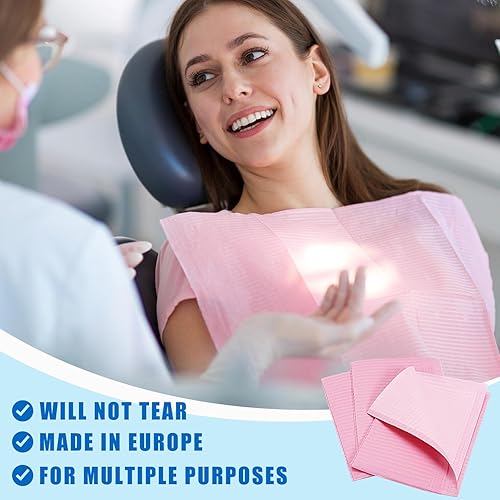 Miniatura 4 de 250 baberos dentales, baberos dentales desechables rosados, 3 capas impermeables para tatuajes, baberos suaves y resistentes a los fluidos para