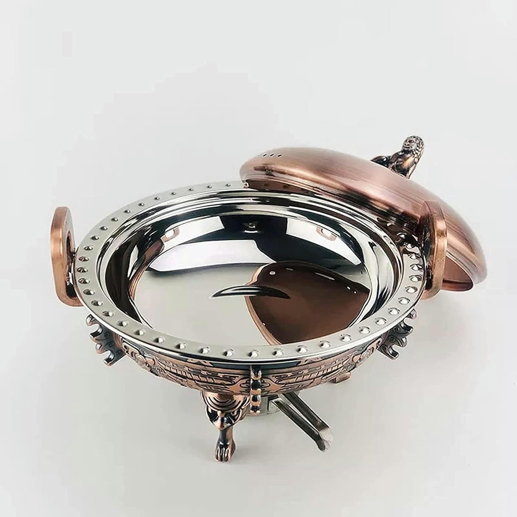 Set da Buffet Chafing Dish,Portavivande E Scaldavivande Rotondi con Teglie per Alimenti,Supporto in Alluminio,Coperchio della Pentola Visibile E Porta-Combustibile,AC,Brass