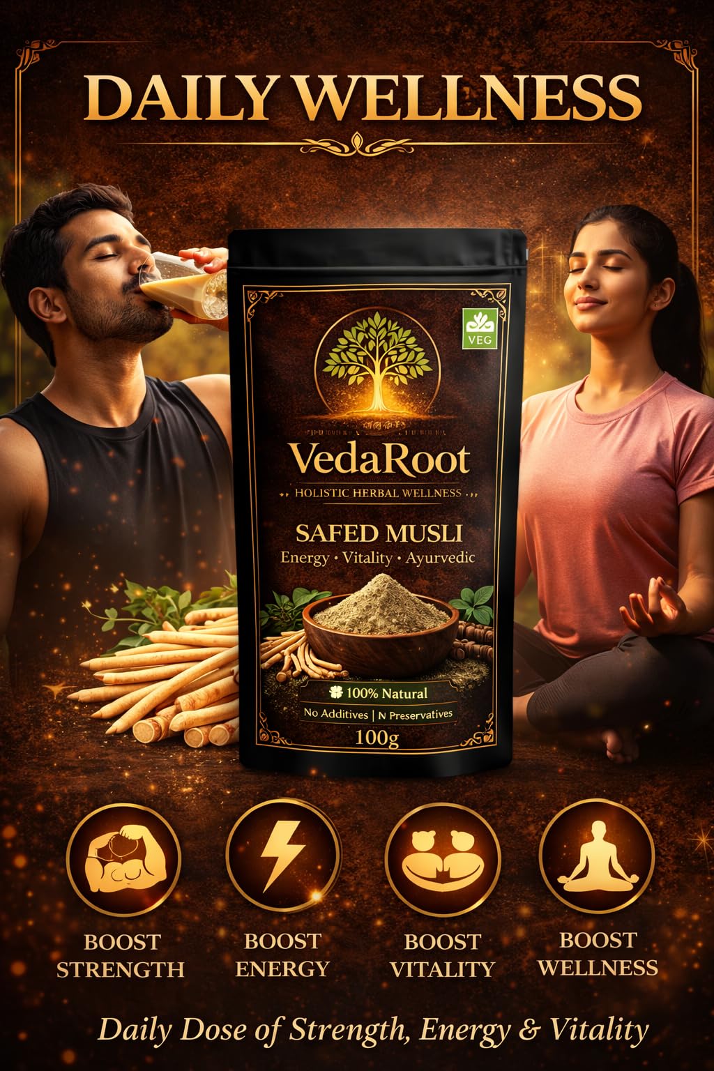 VedaRoot Safed Musli Powder 100g | FSSAI Certified | 100% Pure & Natural | No Additives No Preservatives | Ayurvedic Supplement for Strength, Stamina & Male Wellness | Safed Musli Churna | Chlorophytum Borivilianum | Non-GMO | Siva Musli Podi/Shweta Musli Hudi | Veg — Amazon image 7