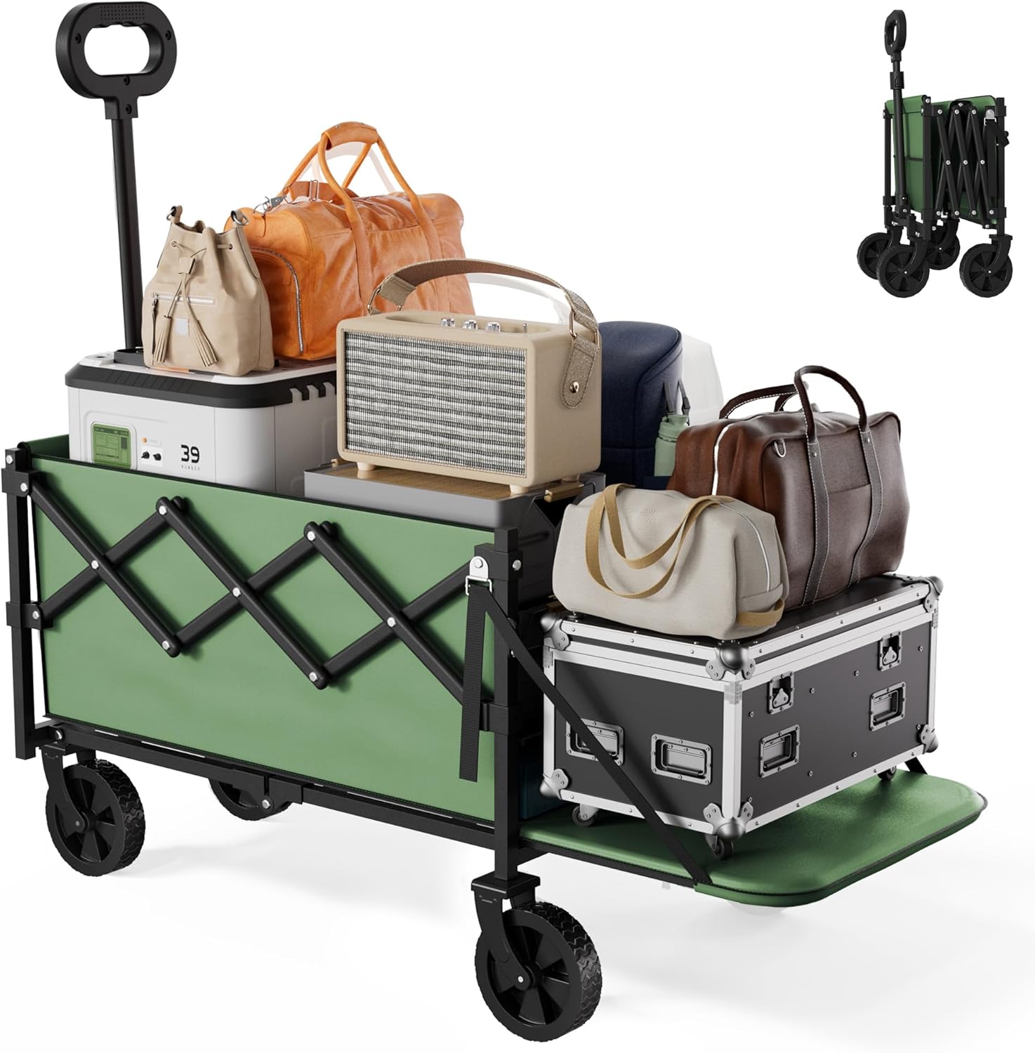 Collapsible Wagon with Wheels & Tailgate, 350LBS Wagons Carts Foldable Heavy Duty, Lightweight Portable Folding Utility Wagon Grocery Shopping Cart for Garden, Camping, Beach (Green)