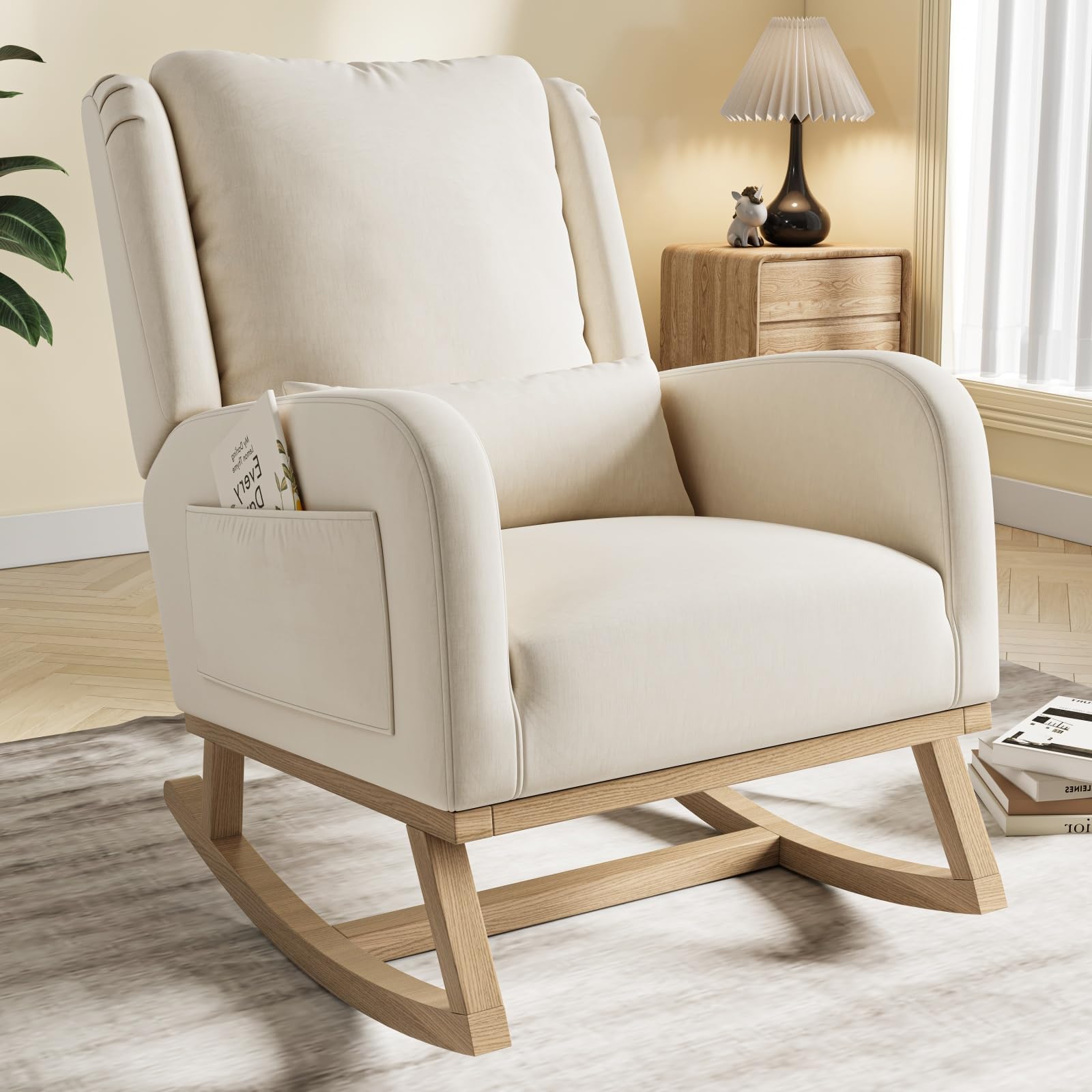 belupai Sedia a dondolo scandinava,sedia da allattamento con cuscino lombare,Poltrona a dondolo in lino,Poltrona a dondolo riposo con tasche laterali,struttura in legno massello,Beige,68x93x96cm