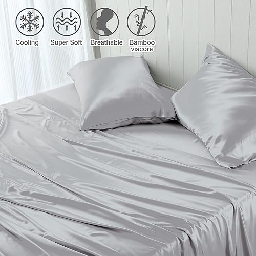 Miniatura 5 de Shunjie.Home Juego de sábanas de 4 piezas de viscosa derivada del bambú, sábanas de 400 hilos, transpirable, suave y sedoso tejido de satén para