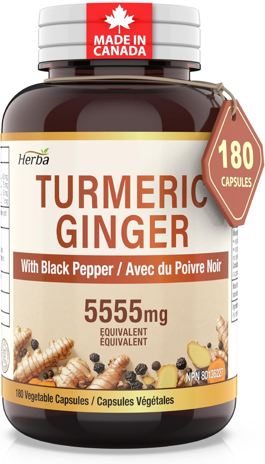 Herba Turmeric Supplements for Inflammation with Black Pepper and Ginger - 180 Capsules | 5,555mg Equiv. with 95% Turmeric Curcumin Supplements with Black Pepper | Joint Pain Relief | Made in Canada