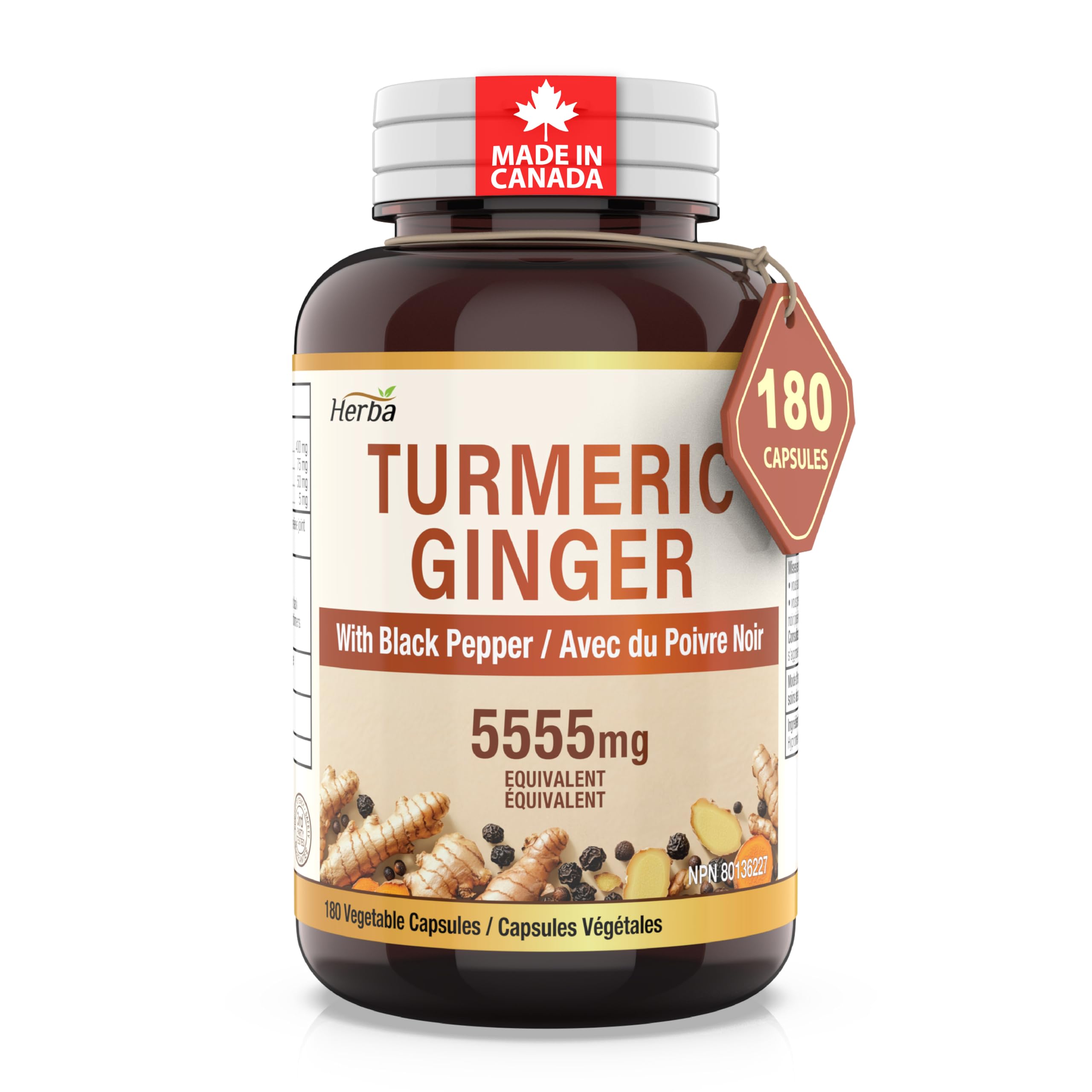 Herba Turmeric Supplements for Inflammation with Black Pepper and Ginger - 180 Capsules | 5,555mg Equiv. with 95% Turmeric Curcumin Supplements with Black Pepper | Joint Pain Relief | Made in Canada