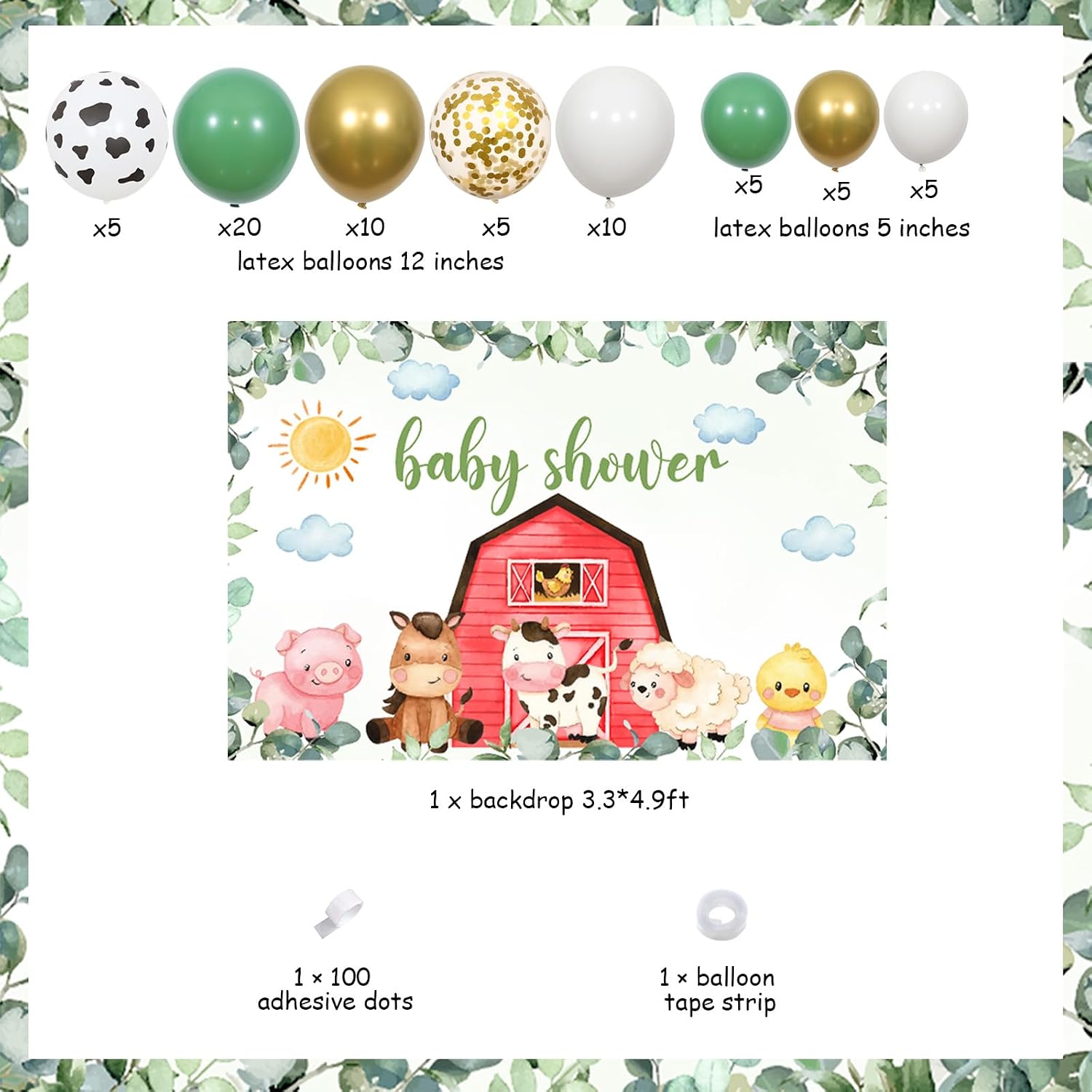 Sage Green Farm Animal Baby Shower Decorations - Farm Animals Balloon Garland Arch Kit with Backdrop for Farmhouse Theme Pregnancy Celebration Newborn Party Supplies