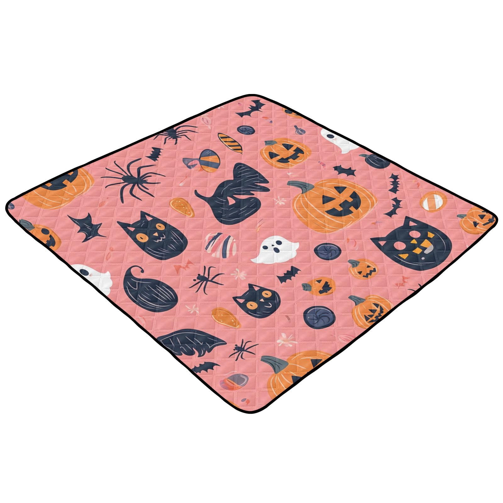 BOESI Halloween Pumpkin & Black Cat Baby Play Mat, 50“ X 50” Washable Folding Crawling Mat, Baby Floor Mat, Soft, Non-Slip