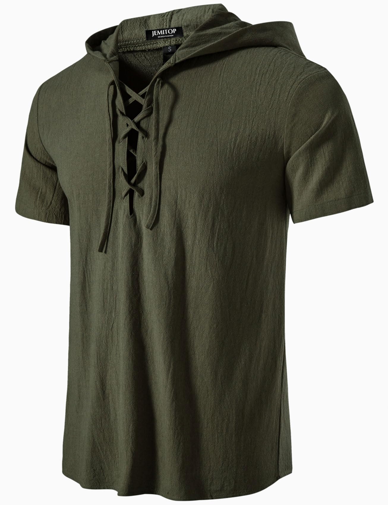 JEMITOP Mens Cotton Vintage Hooded Design Short Sleeve Lace up Shirts for Renaissance Pirate Viking Medieval Costume