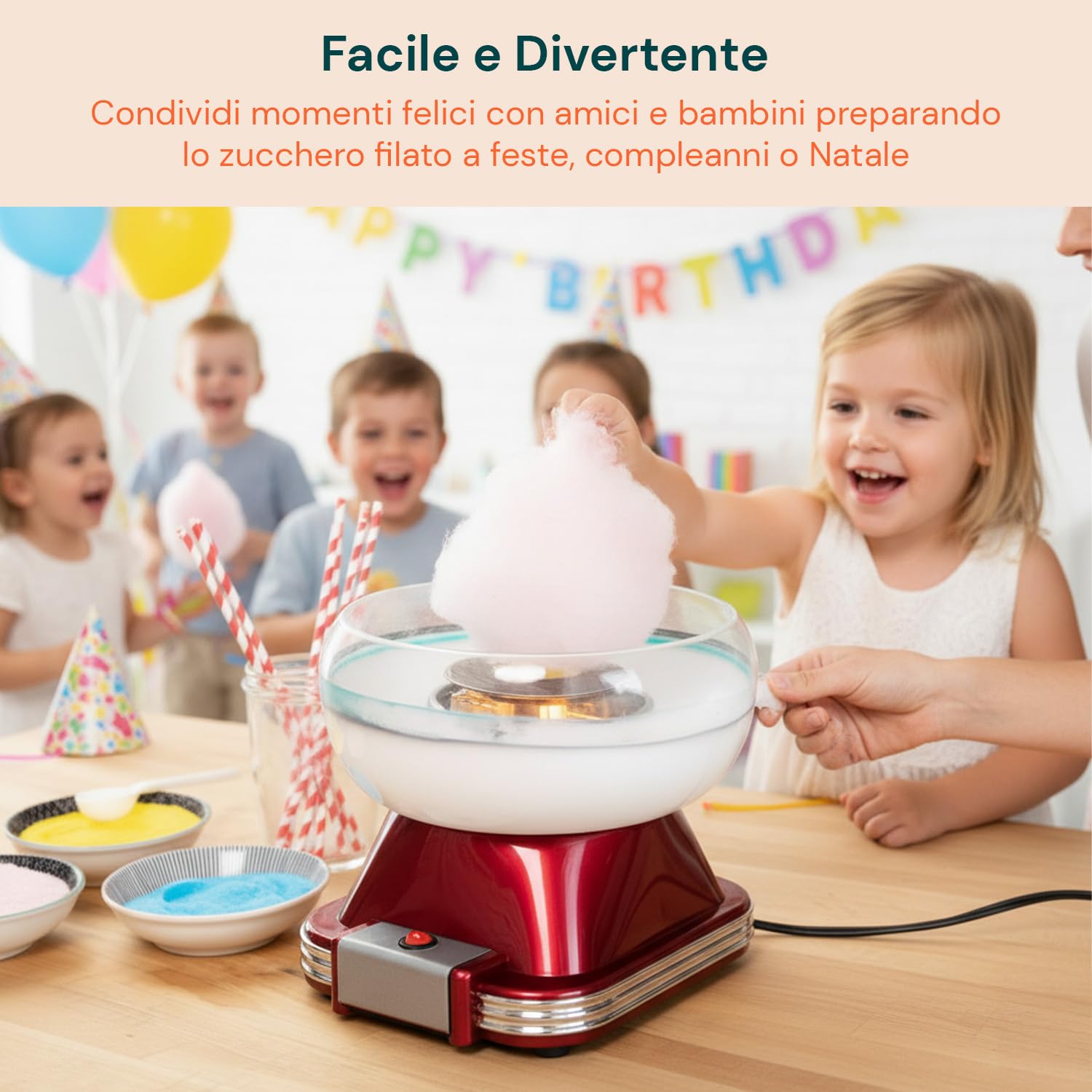 Avilia - Macchina Zucchero Filato Elettrica 500W Facile da Usare con Vaschetta Removibile, Accessori Inclusi e Riscaldamento Rapido per Zucchero Colorato o Aromatizzato, Ideale per Bambini e Feste