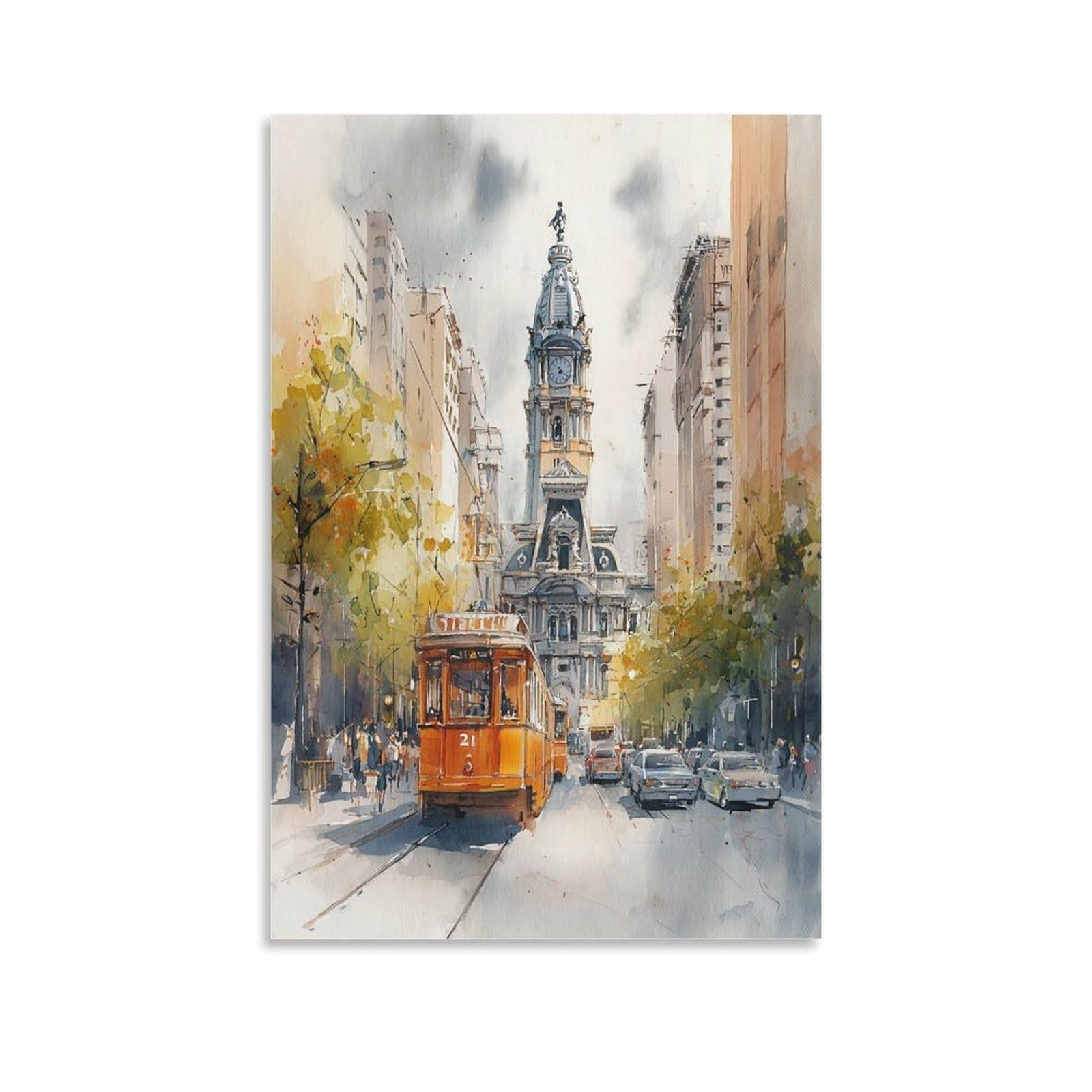 LCYNNH Philadelphia Trolley Car 20x30inch(50x75cm) Vintage Travel Poster Watercolor Canvas Art