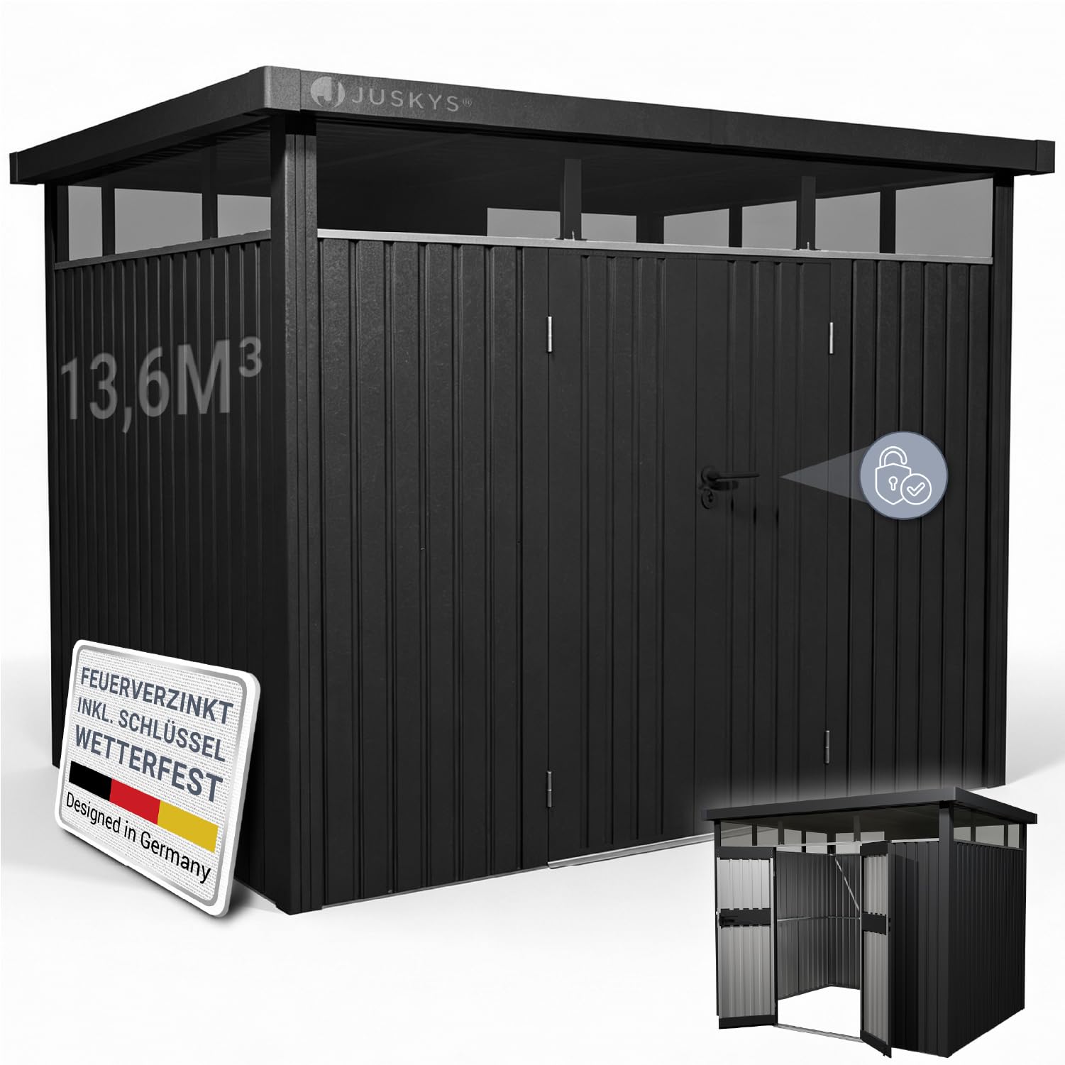 Juskys® Gerätehaus Luzern L - 7,8 m² - Metall Geräteschuppen mit Türen & Fenstern - wetterfest & abschließbar - Fahrradgarage, Gartenhaus - Anthrazit