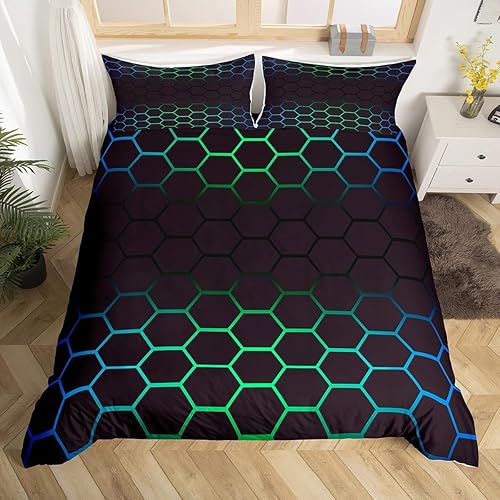 Miniatura 13 de Funda de edredón hexagonal verde estereoscópica de nido de abeja para niños, diseño geométrico de colmena, funda de edredón geométrica de panal