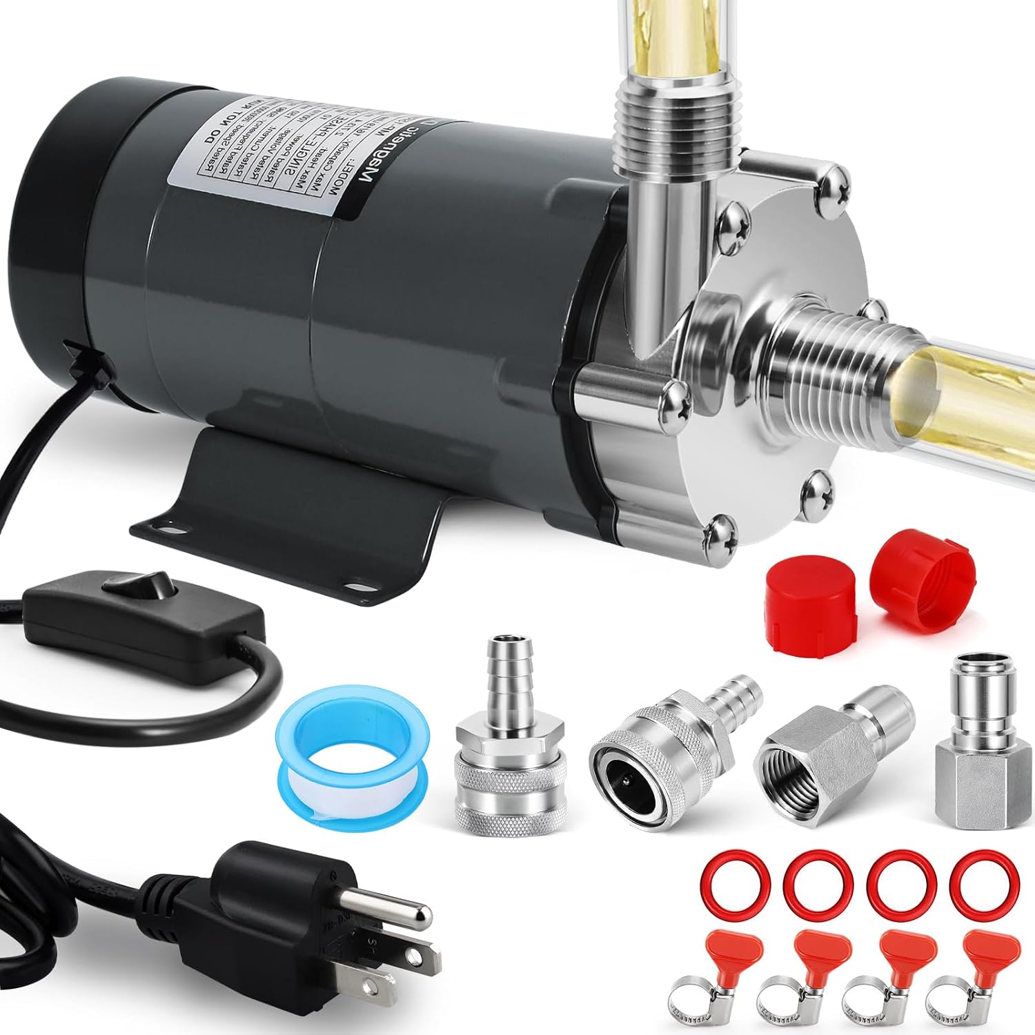 FERRODAY Wort Brewing Pump, Stainless Steel Head Food Grade Homebrew Brew Beer Pump with 1/2" Quick Disconnect Set & Inline Switch & Seal Tape, High Temp Magnetic Drive for Homebrew
