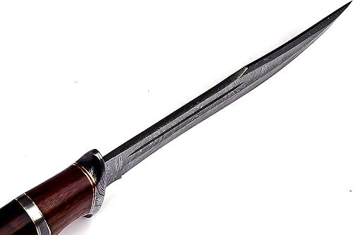 Miniatura 5 de Nooraki BK71 Cuchillo de caza de acero de Damasco hecho a mano con funda de cuero, cuchillo multiusos con mango de palisandro para transporte