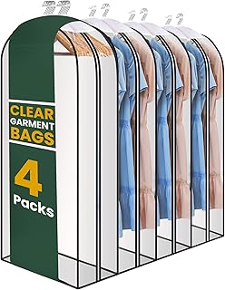 Clear Garment Bags for Clothes Storage - 4-Pack Plastic Hanging Covers and Clothing Protectors, Long Dress Suit Jacket Closet Cover Dust Proof Garment Bag Set for Organized Wardrobe Storage (50")