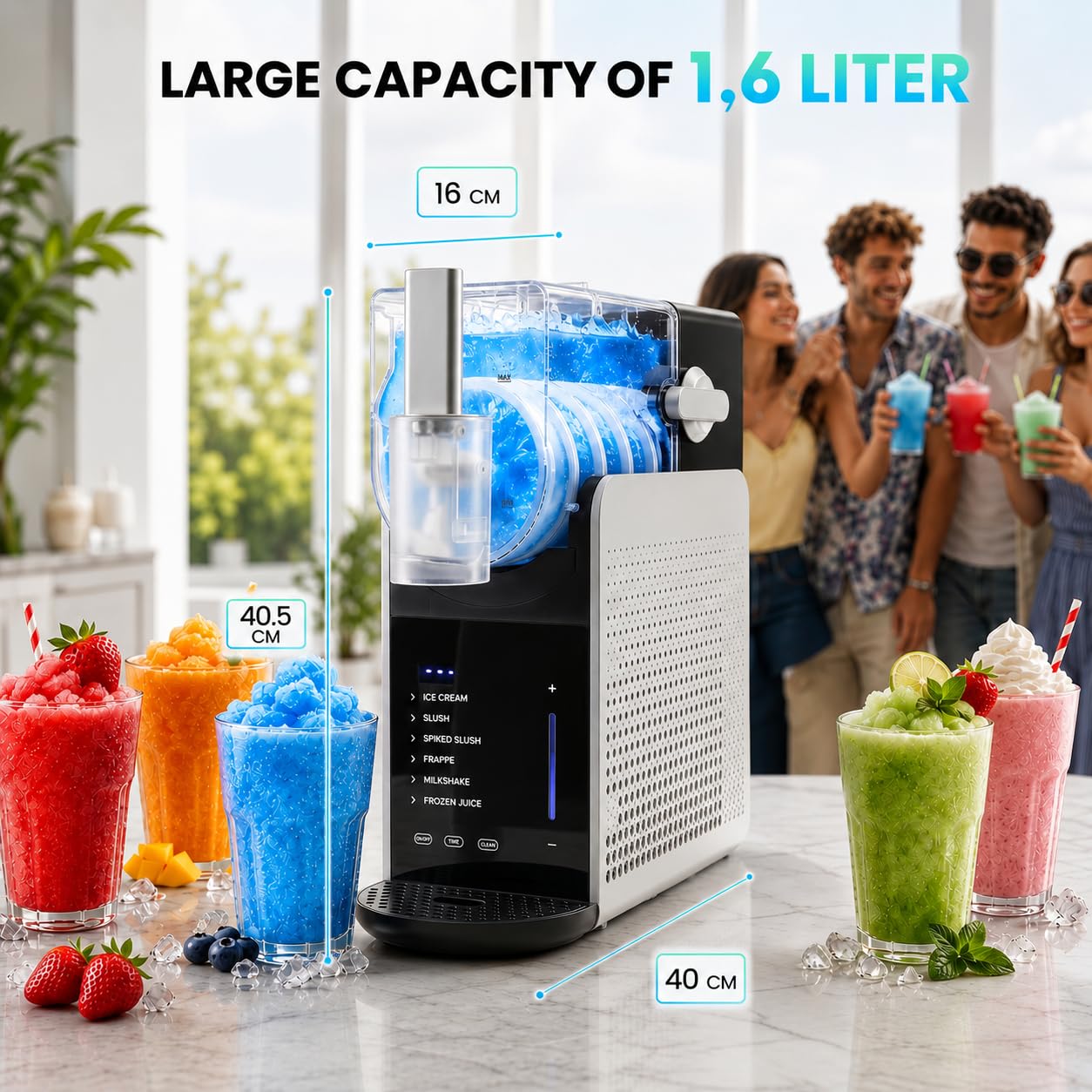 Macchina per Granita 1,6L – Slush Machine con 6 Programmi, Milkshake, Frappé, Frozen Juice, Bevande Ghiacciate, Timer, Senza BPA, 200W – Nero